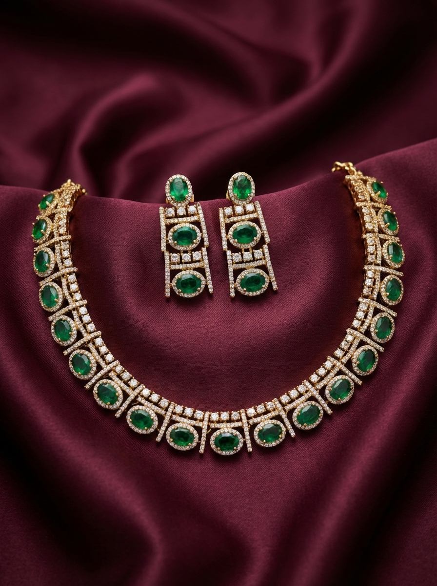 Emerald Green Oval Stone Necklace Set with Earrings