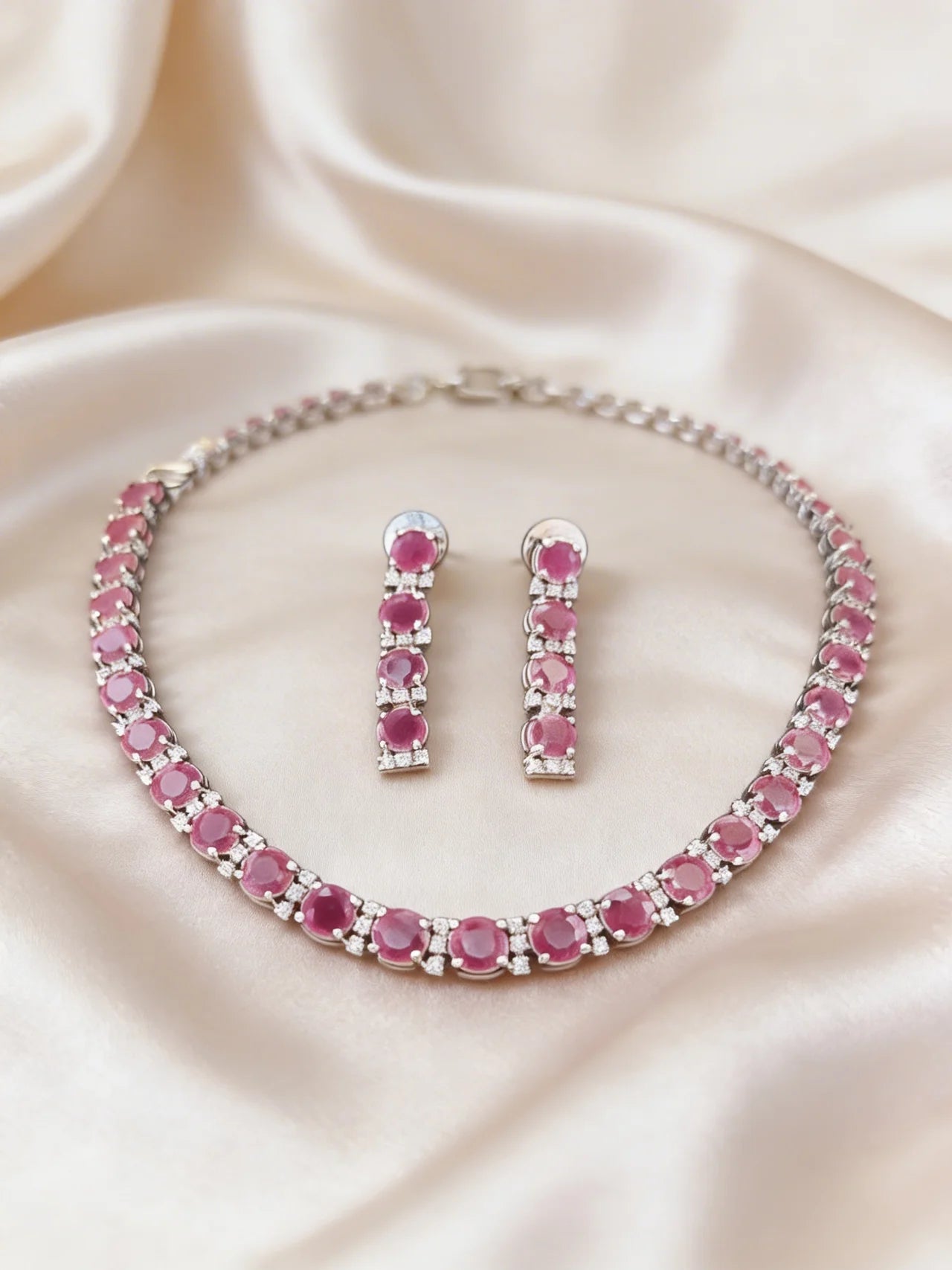 Pink Stone Minimal Necklace Set with Stud Earrings