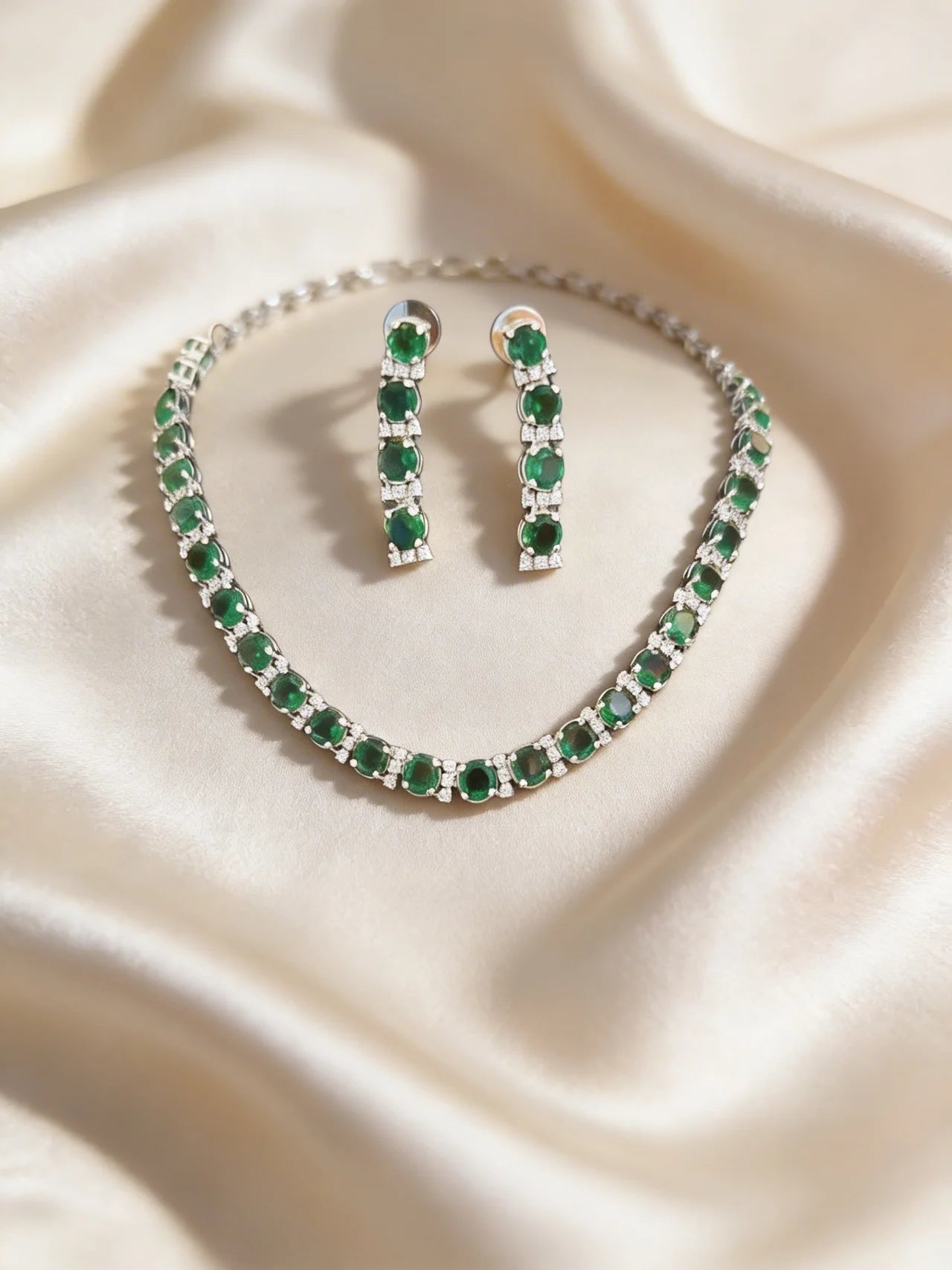 Green Stone Minimal Necklace Set with Stud Earrings