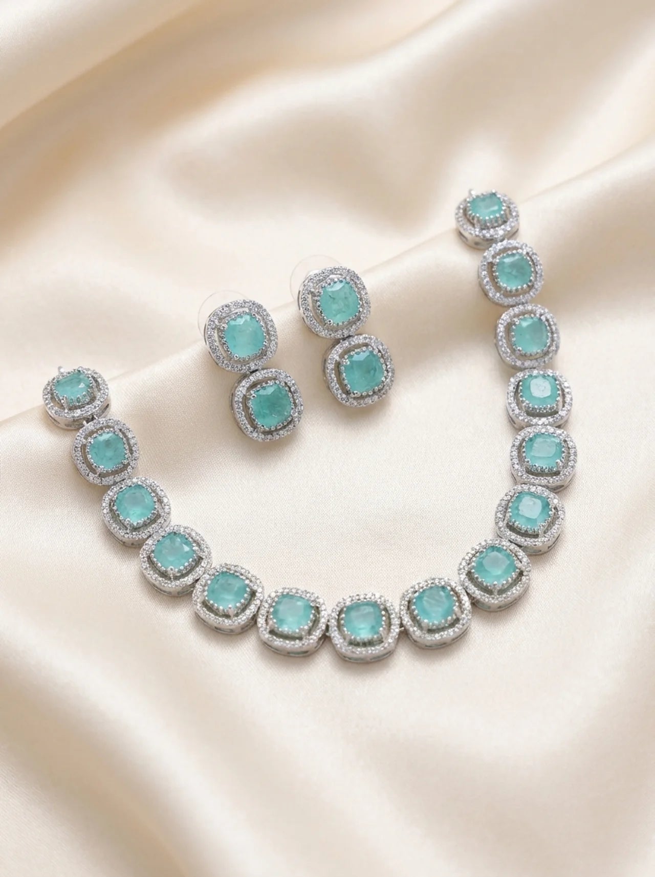 Aqua Blue Stone Necklace Set with Stud Earrings