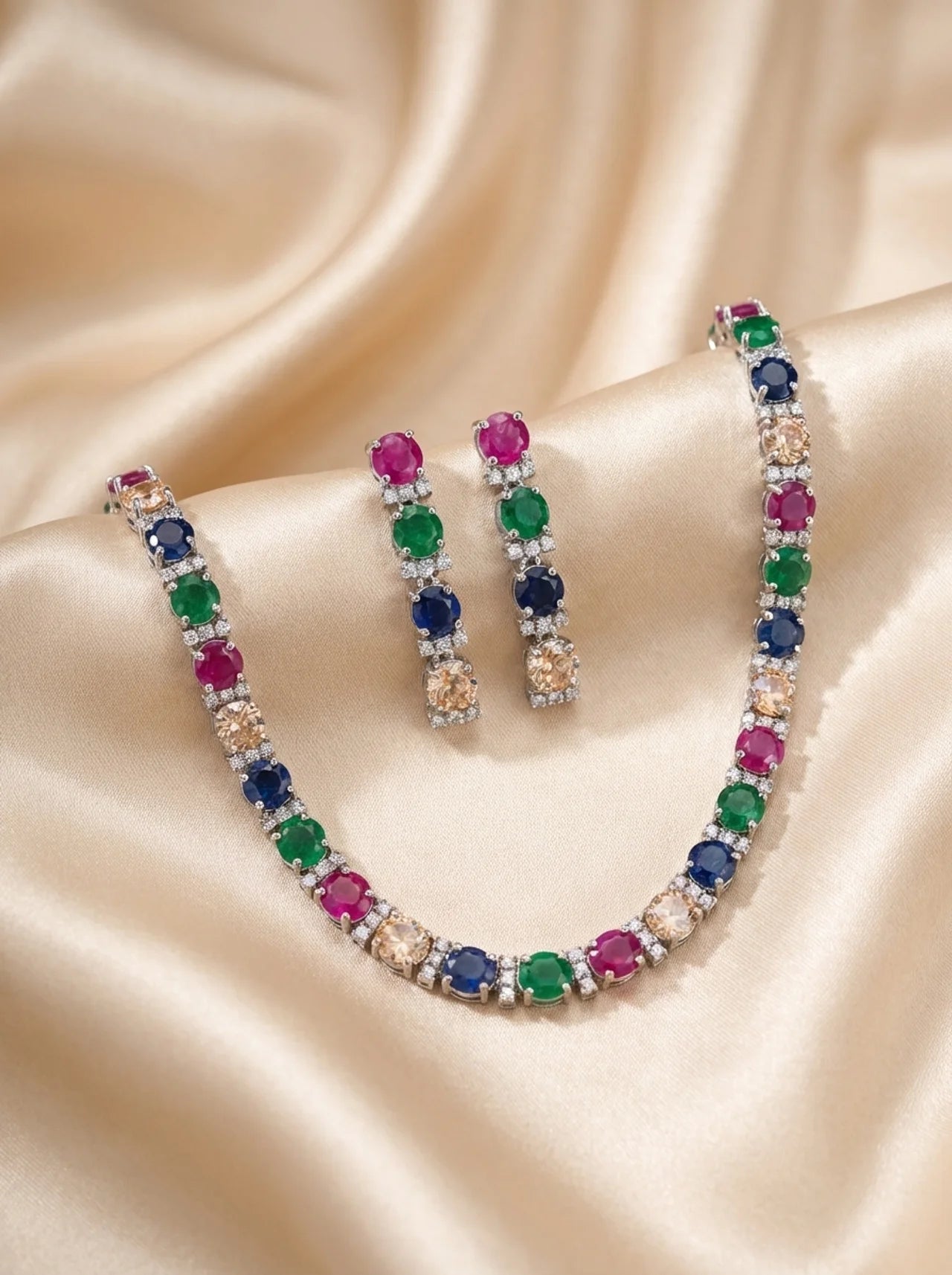 Multicolor Stone Necklace Set with Stud Earrings