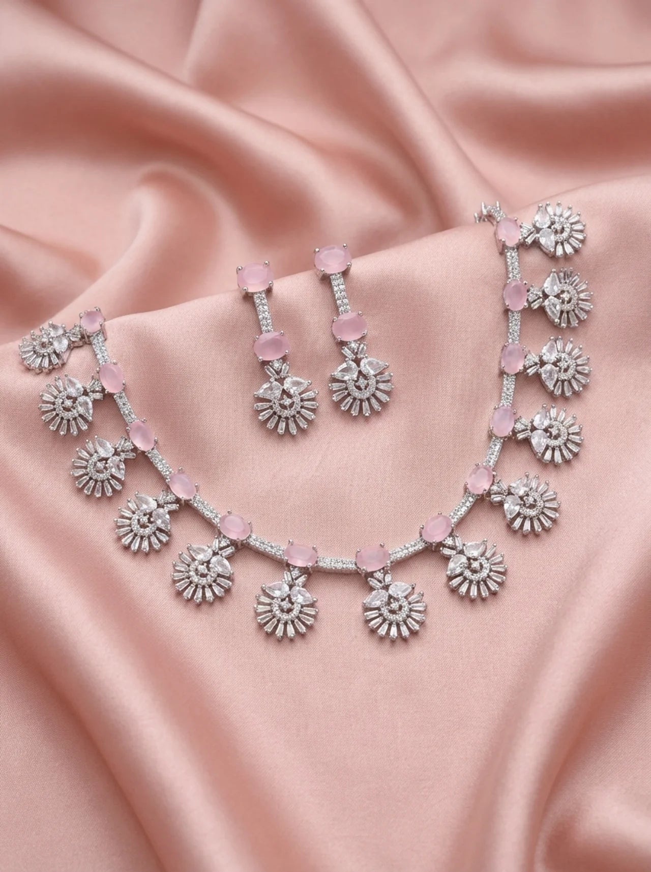 Blush Pink Floral Drop Necklace Set with Earrings