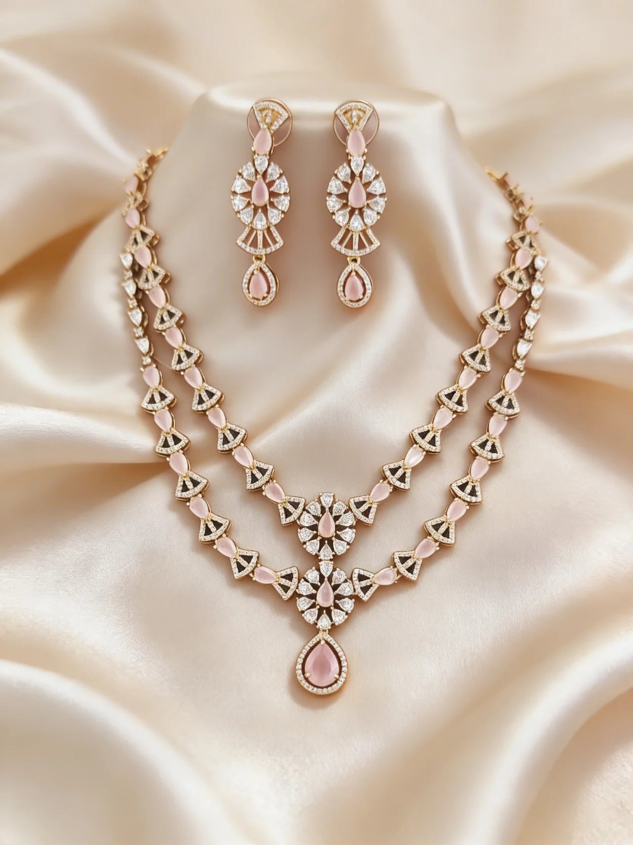 Blush Pink Layered Statement Necklace Set with Earrings