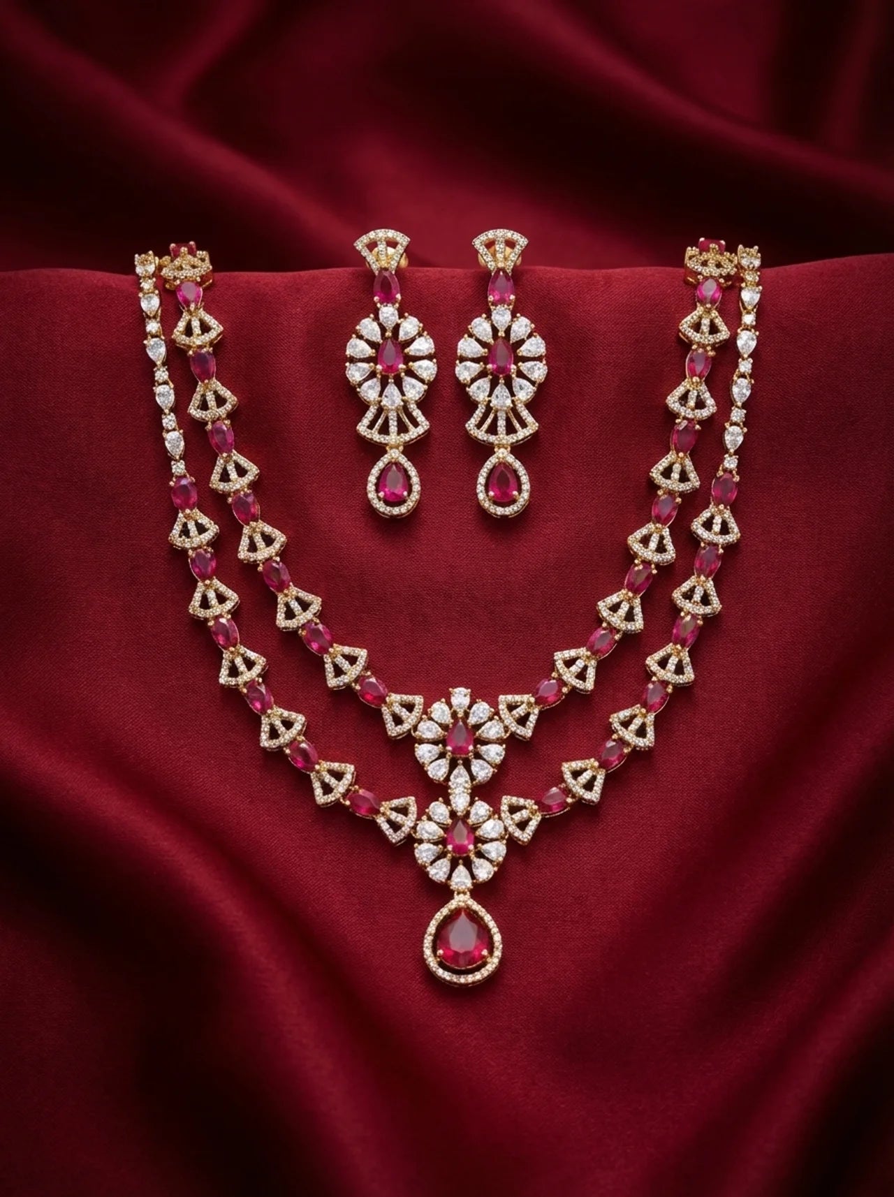 Red Layered Statement Necklace Set with Earrings