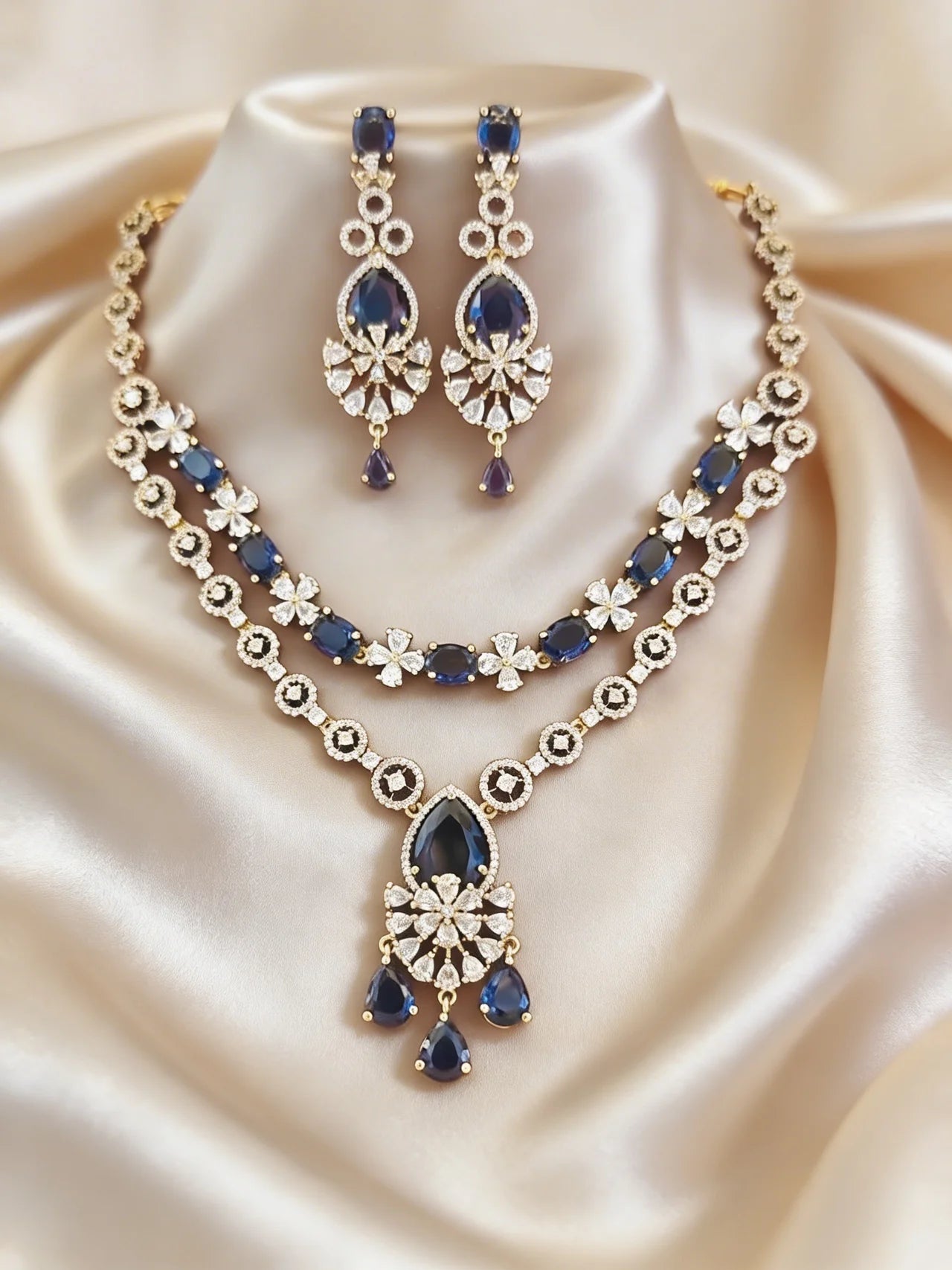Navy Blue Layered Floral Necklace Set with Earrings