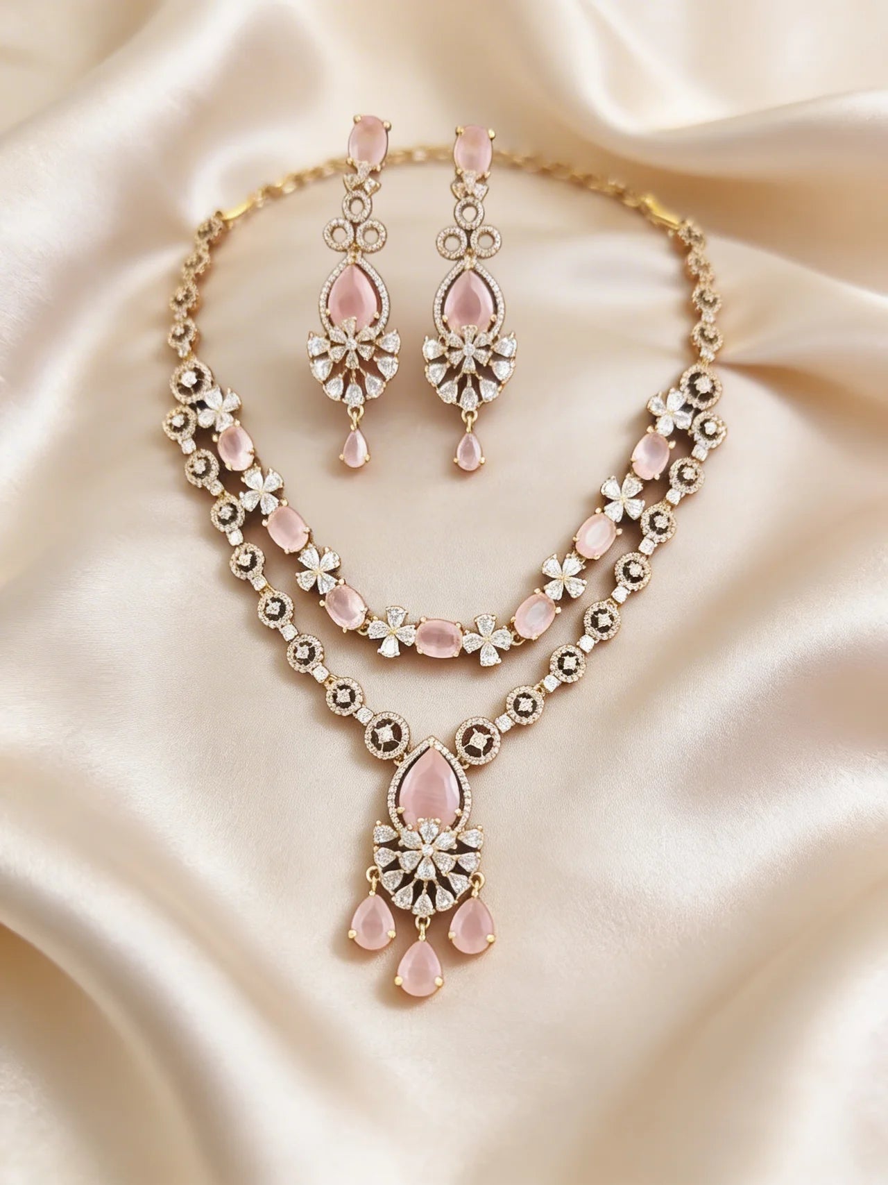 Blush Pink Layered Floral Necklace Set with Earrings