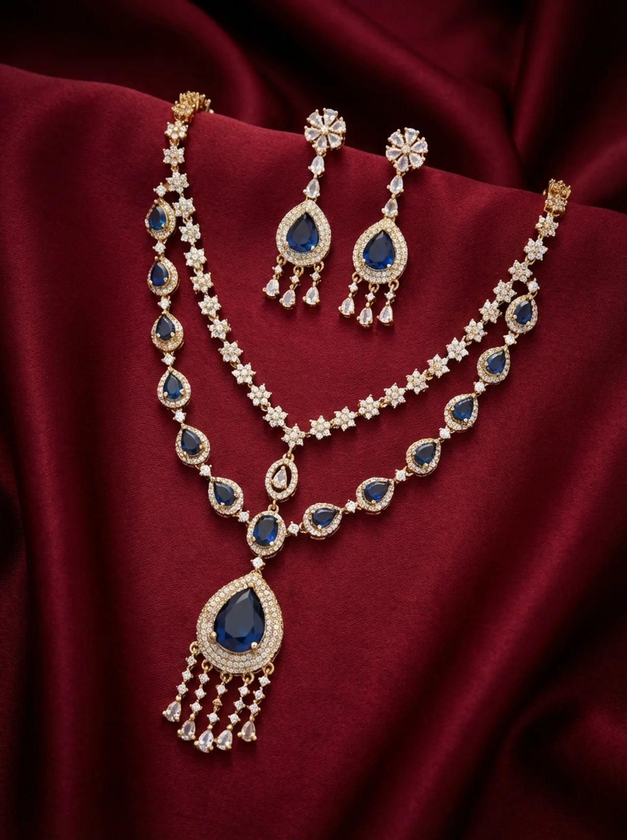 Blue Teardrop Layered Necklace Set with Earrings