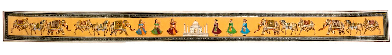 Elephant & Dancer Parade with Taj Mahal – Miniature Cloth Painting