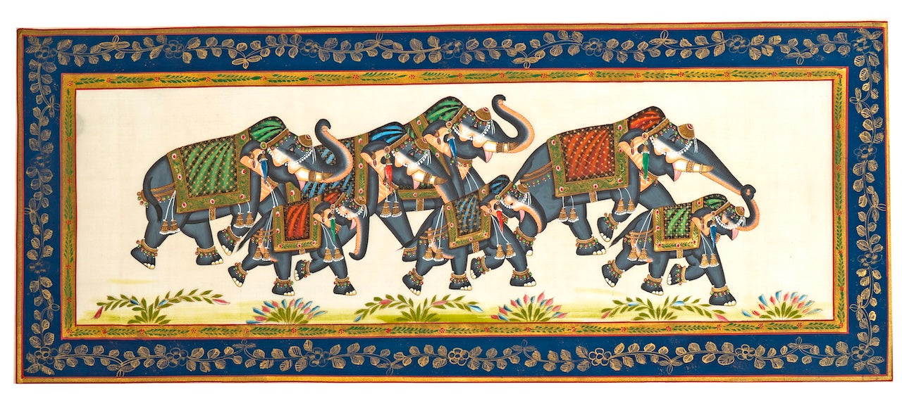 Royal Elephant Procession with Blue Floral Border – Miniature Cloth Painting