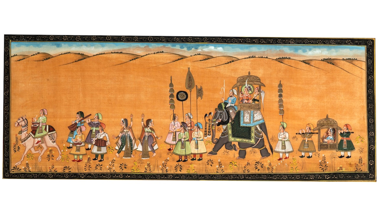 Royal Desert Elephant Procession Miniature Cloth Painting
