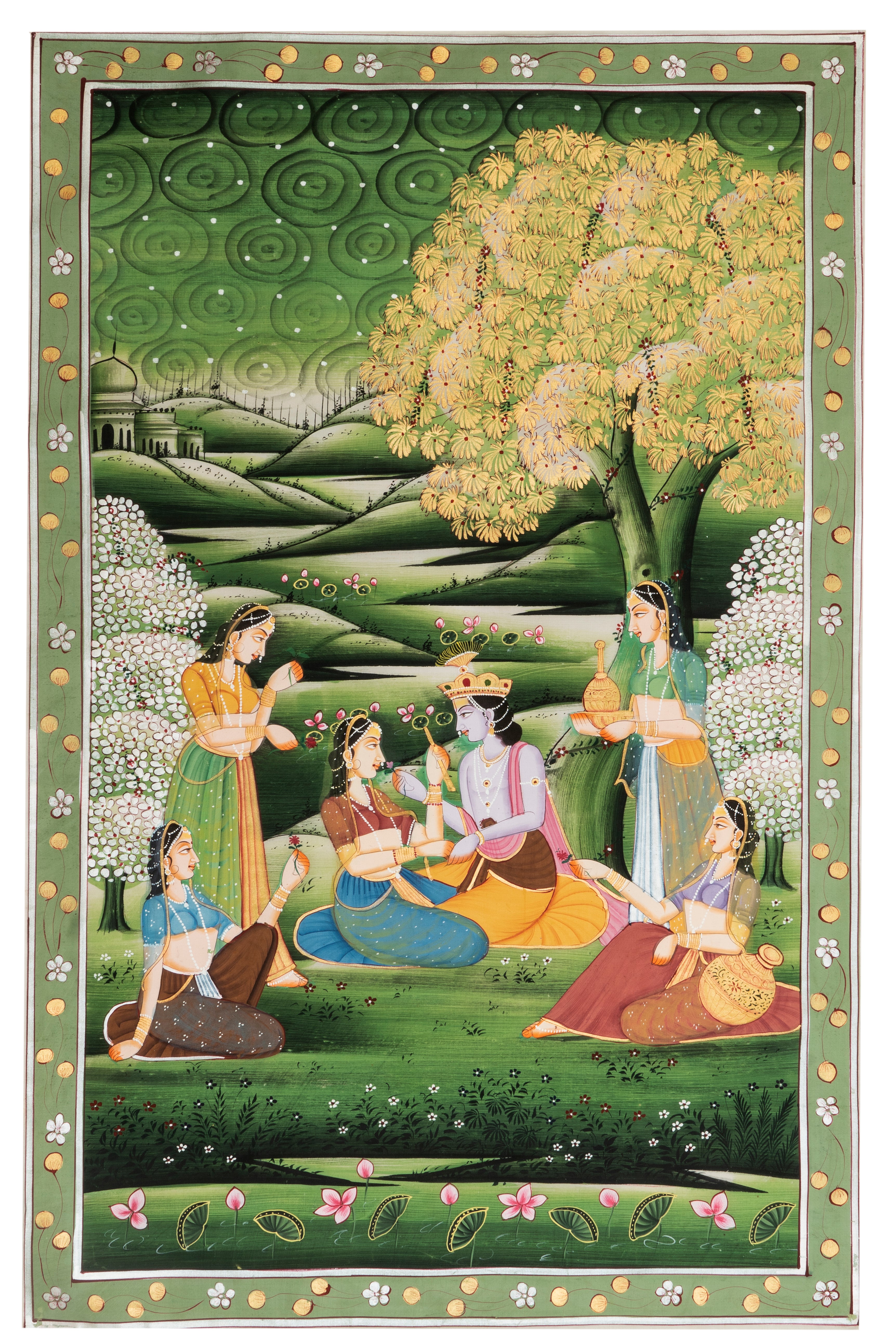 Radha Krishna with Gopis – Royal Garden Miniature Cloth Painting