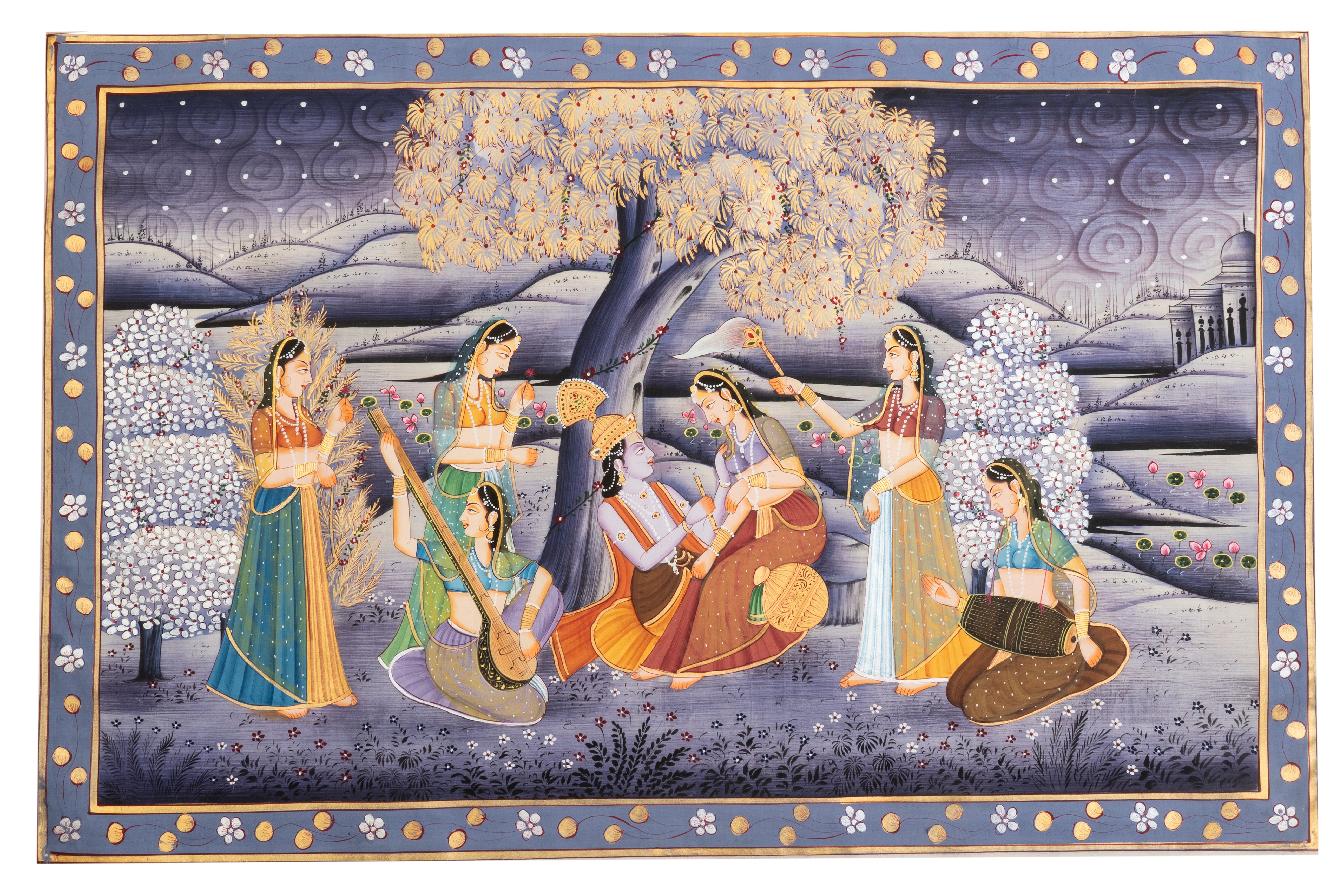 Radha Krishna Moonlight Garden Celebration – Miniature Cloth Painting