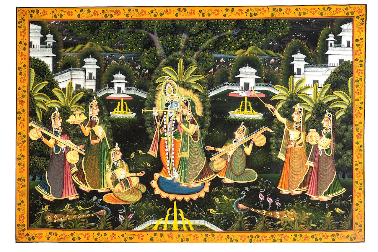 Radha Krishna Royal Garden Celebration – Miniature Cloth Painting