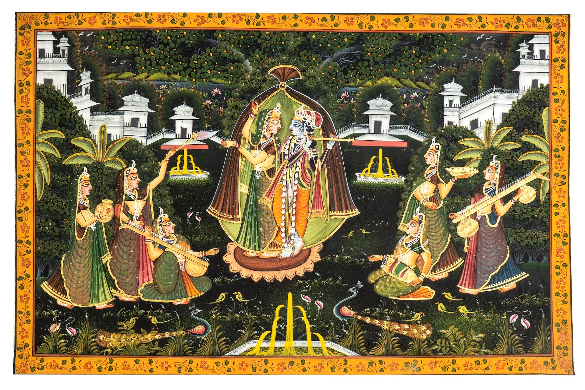 Radha Krishna Royal Garden Romance – Miniature Cloth Painting