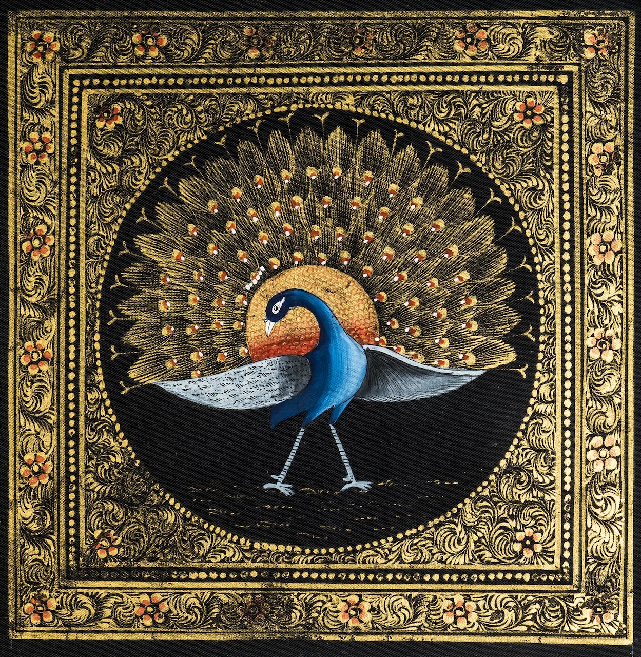 Royal Peacock on Black – Miniature Cloth Painting