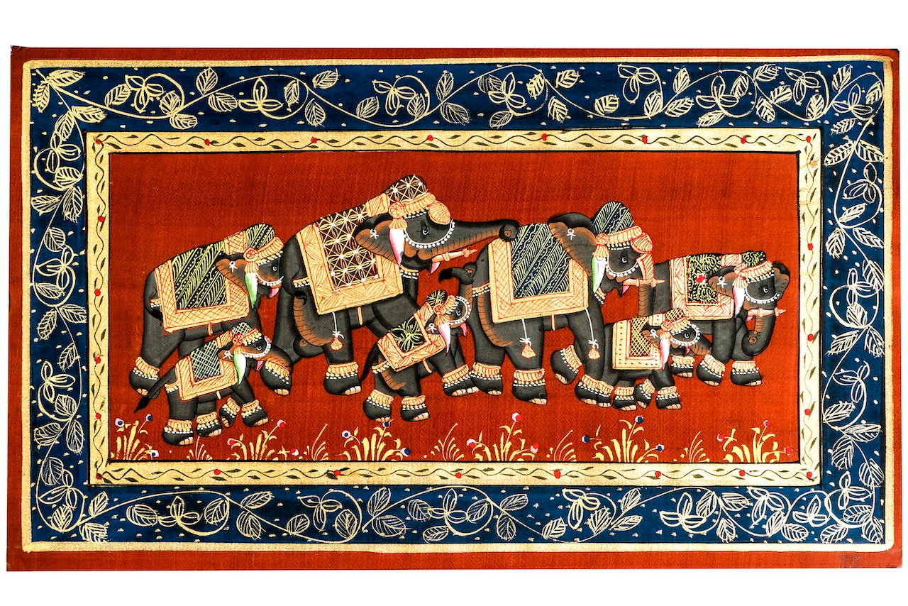 Royal Elephant Family Procession – Miniature Cloth Painting