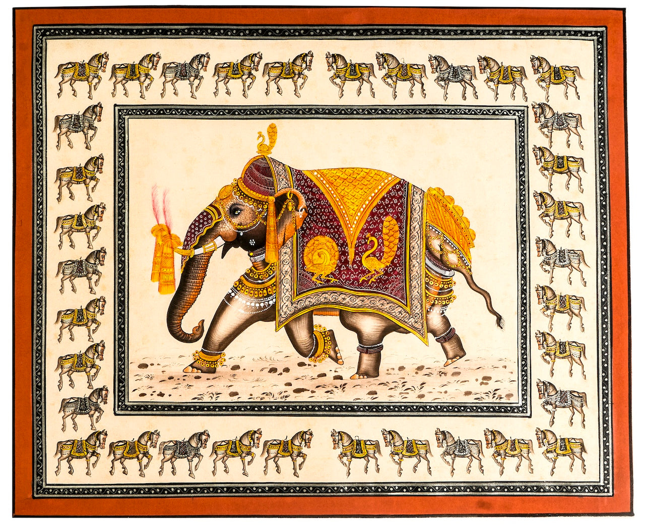 Royal Elephant With Horse Border Miniature Cloth Painting
