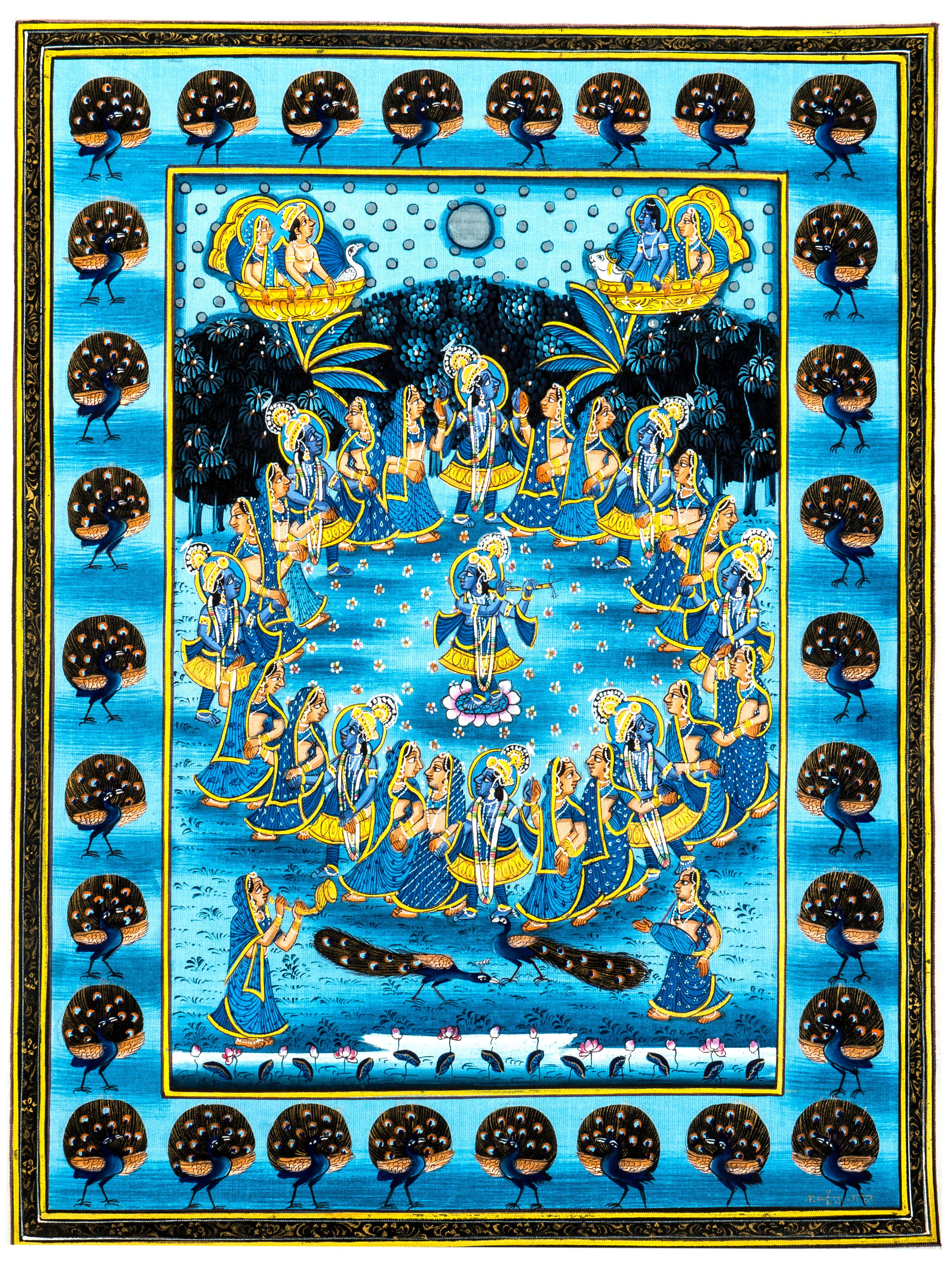 Blue Raas Leela with Peacock Border – Miniature Cloth Painting