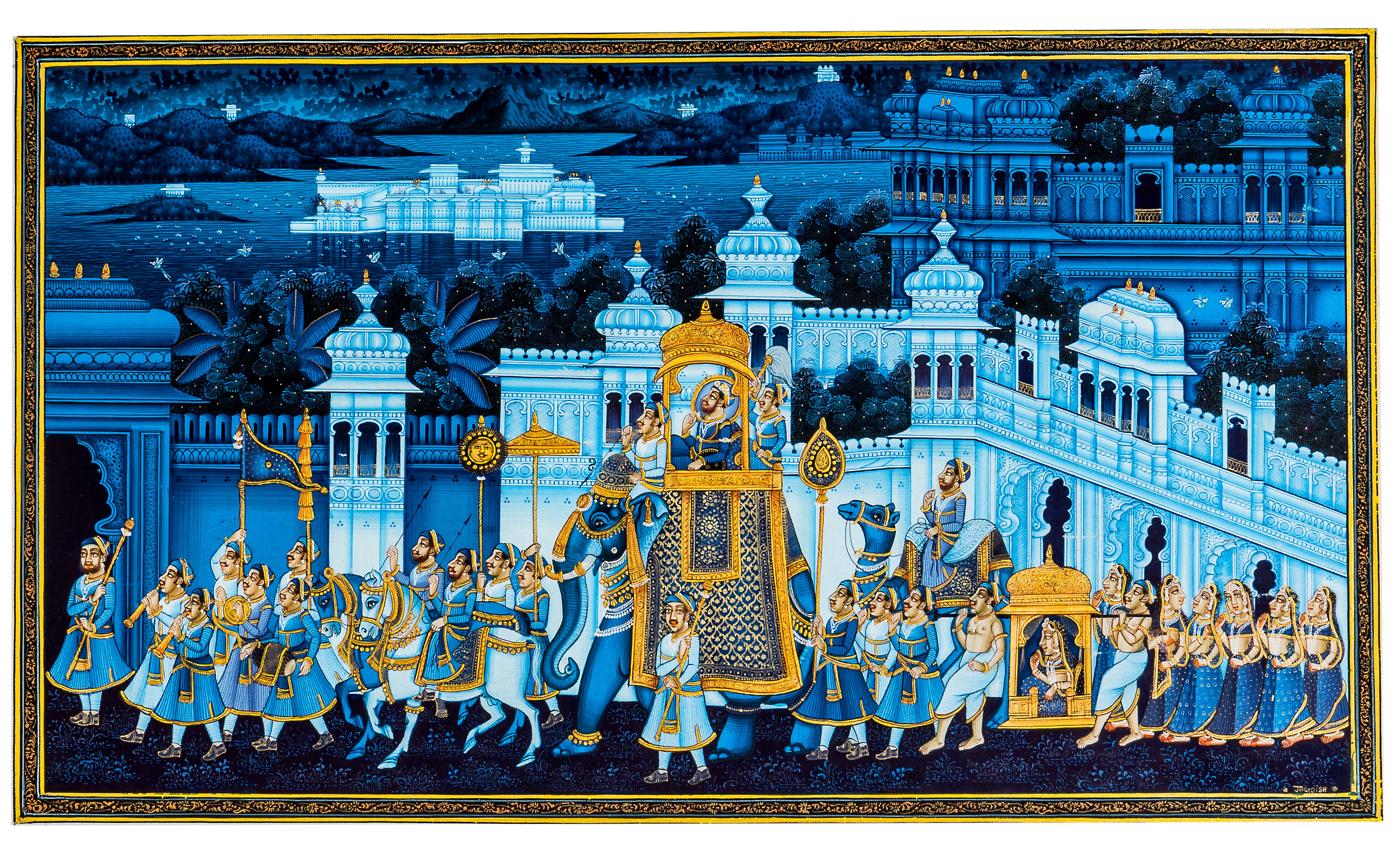 Blue Royal Elephant Procession – Miniature Cloth Painting