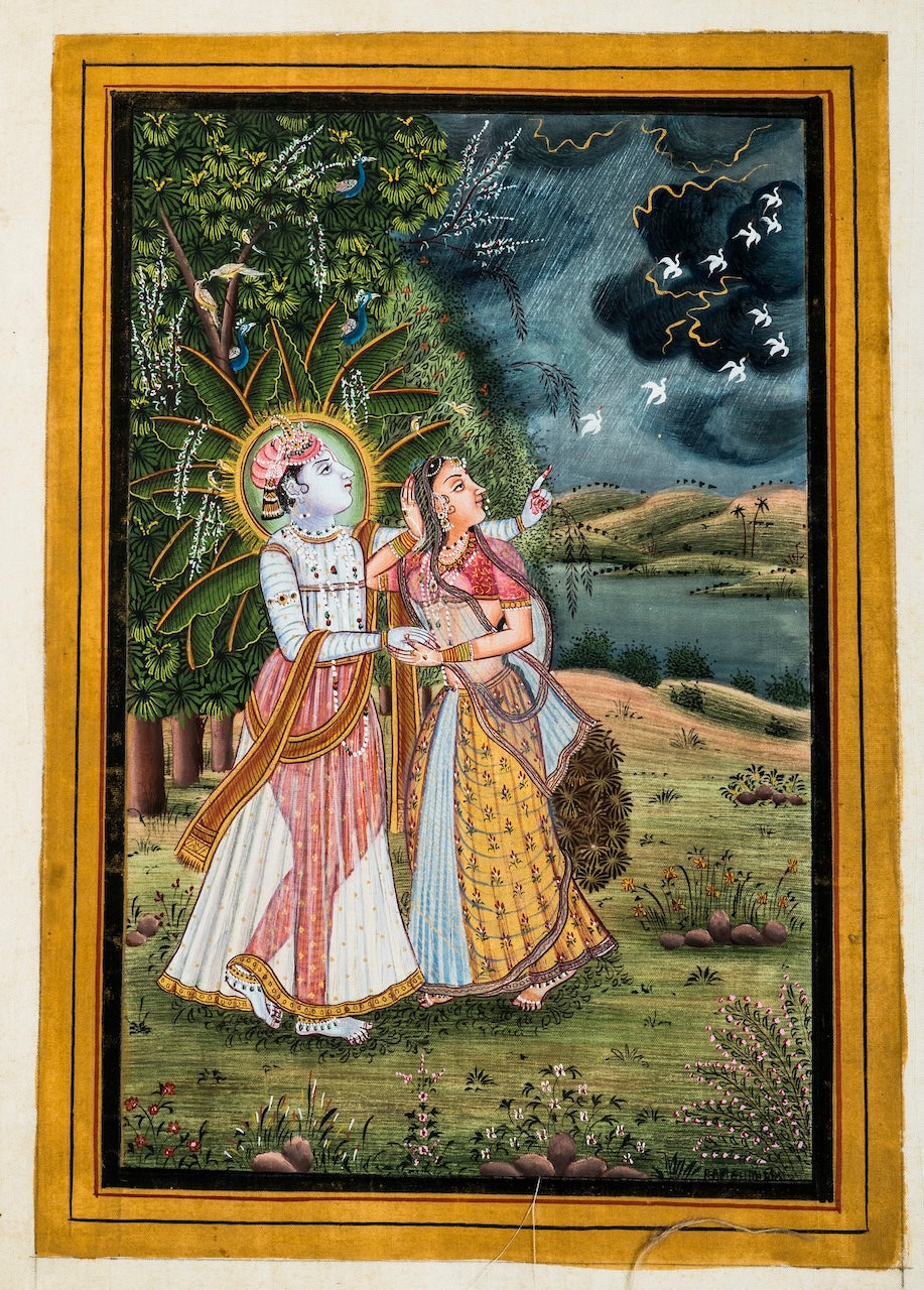 Royal King Queen Monsoon Scene Miniature Cloth Painting