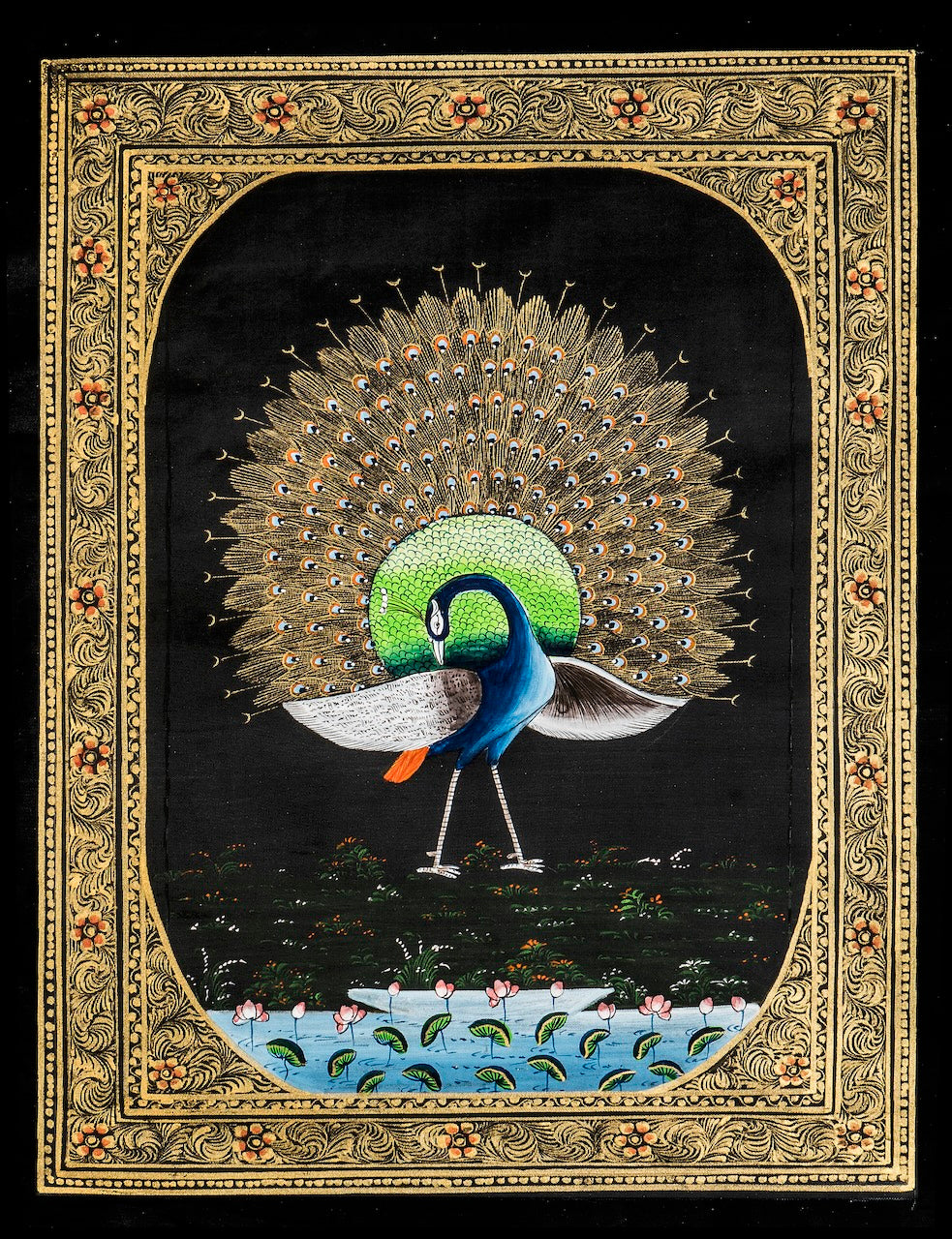 Royal Peacock on Black with Lotus Border – Miniature Cloth Painting