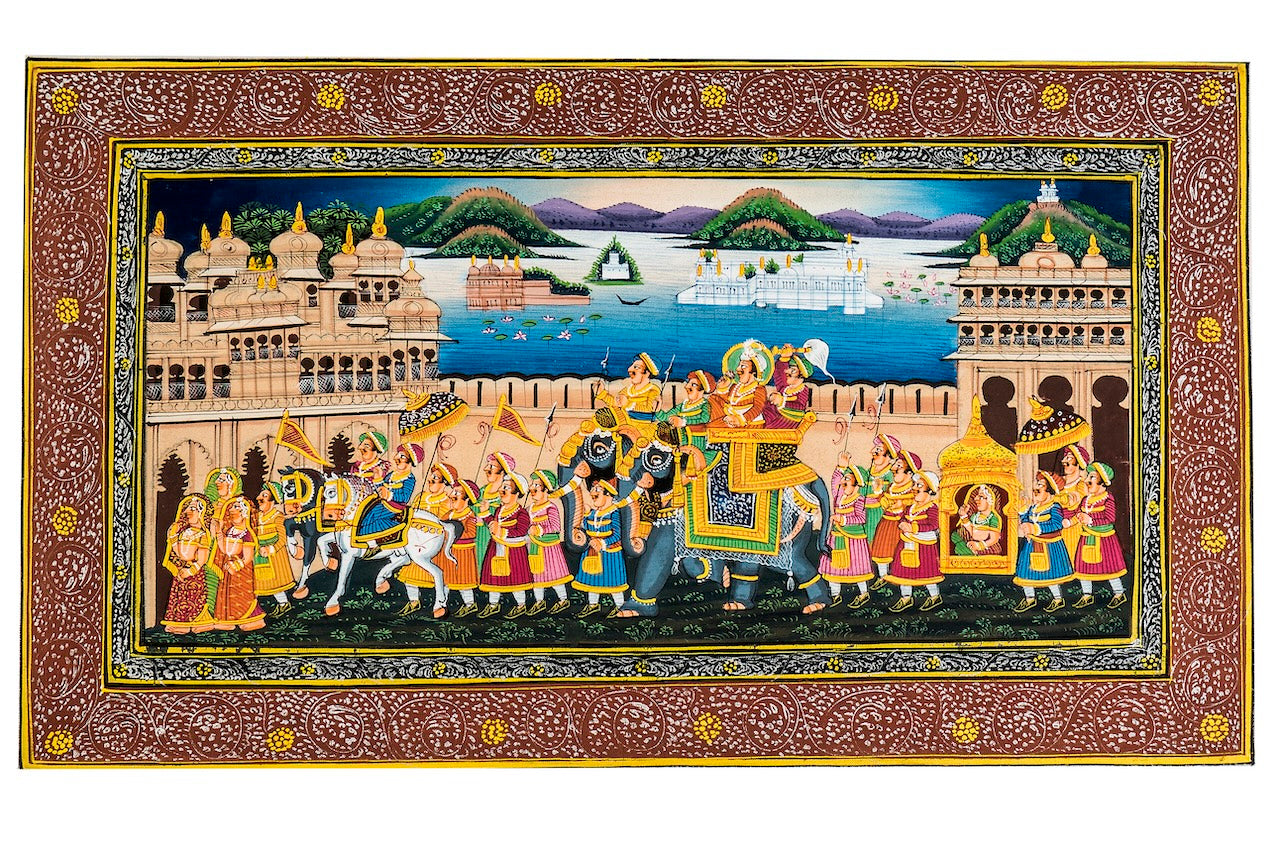 Royal Lakeside Elephant Procession Miniature Cloth Painting