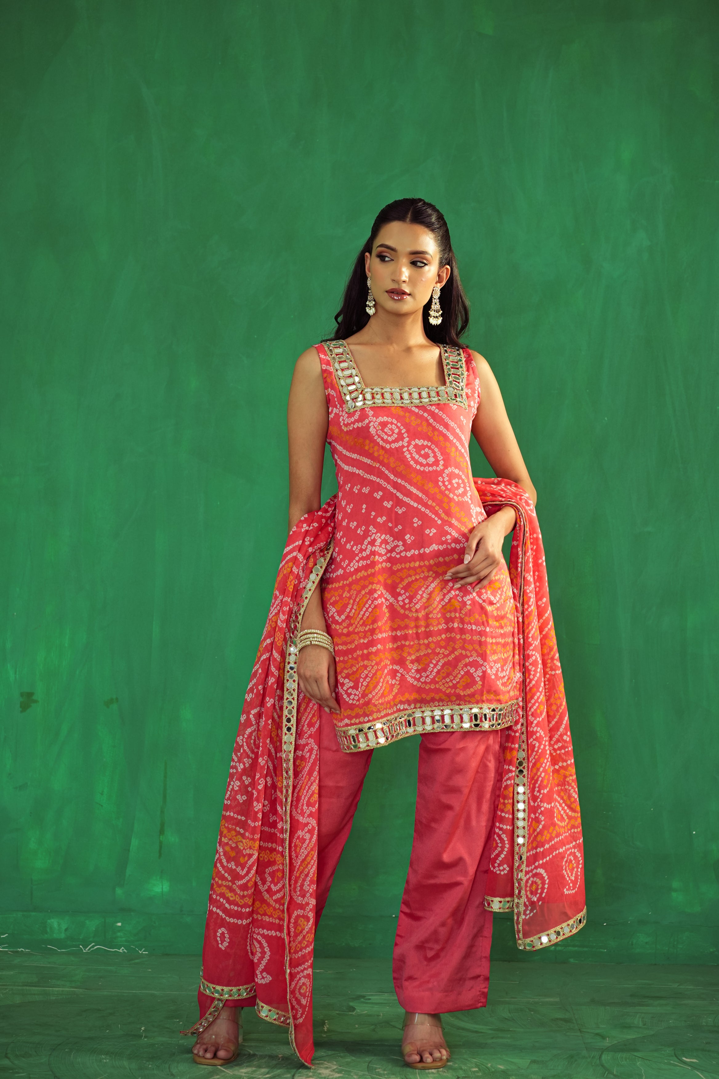 Peach Bandhani Set in Pure Crepe Silk