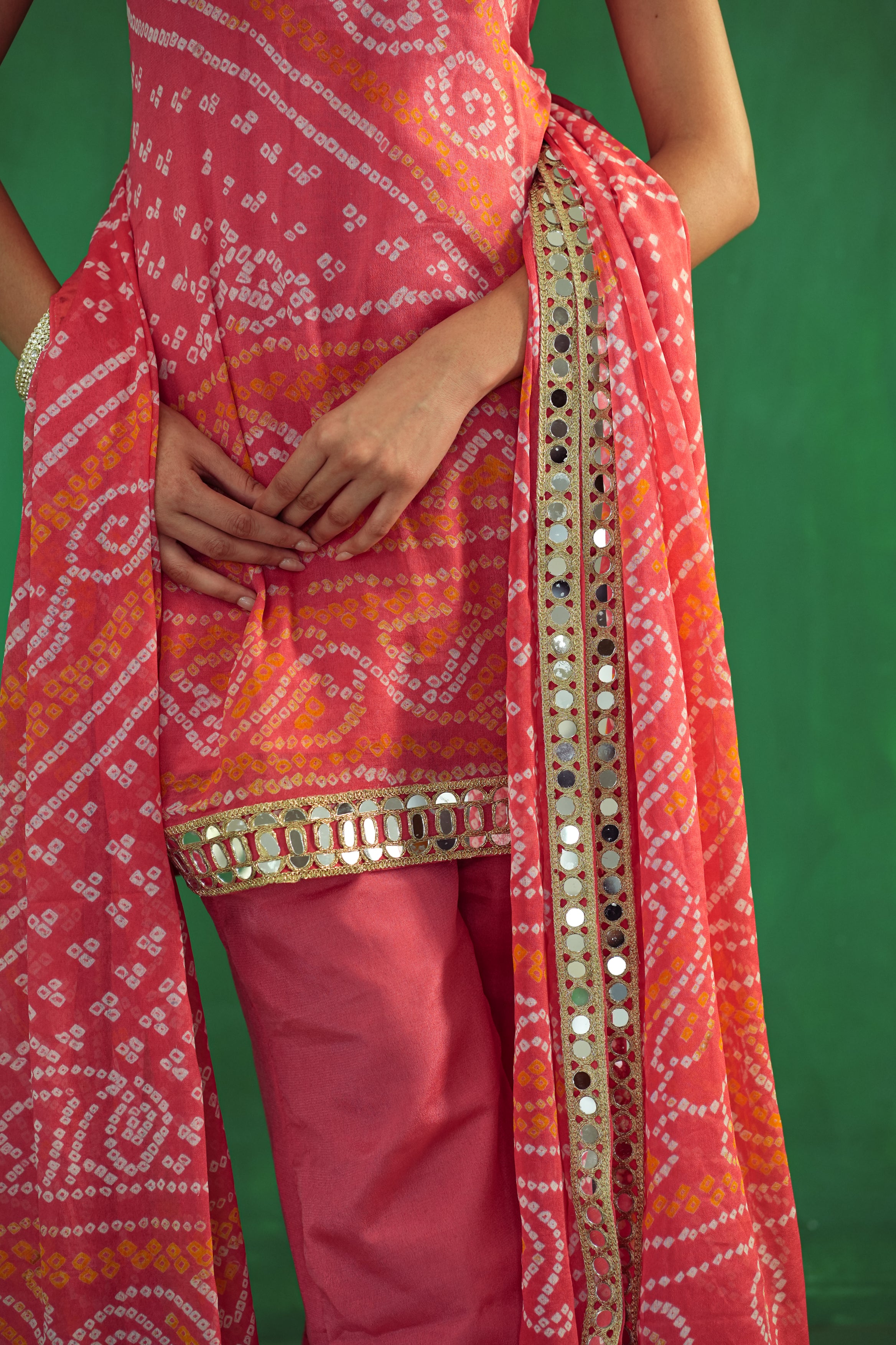 Peach Bandhani Set in Pure Crepe Silk