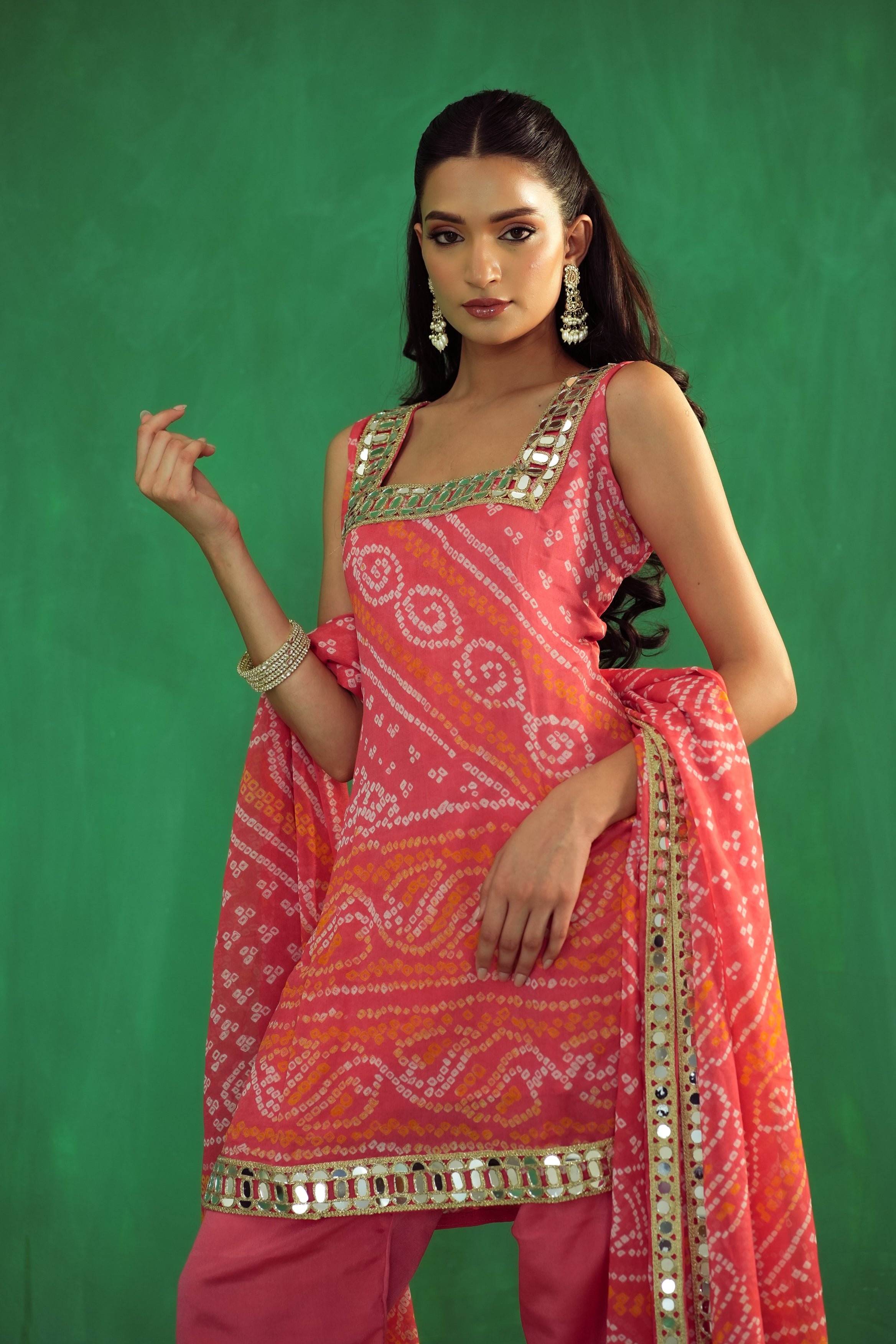 Peach Bandhani Set in Pure Crepe Silk