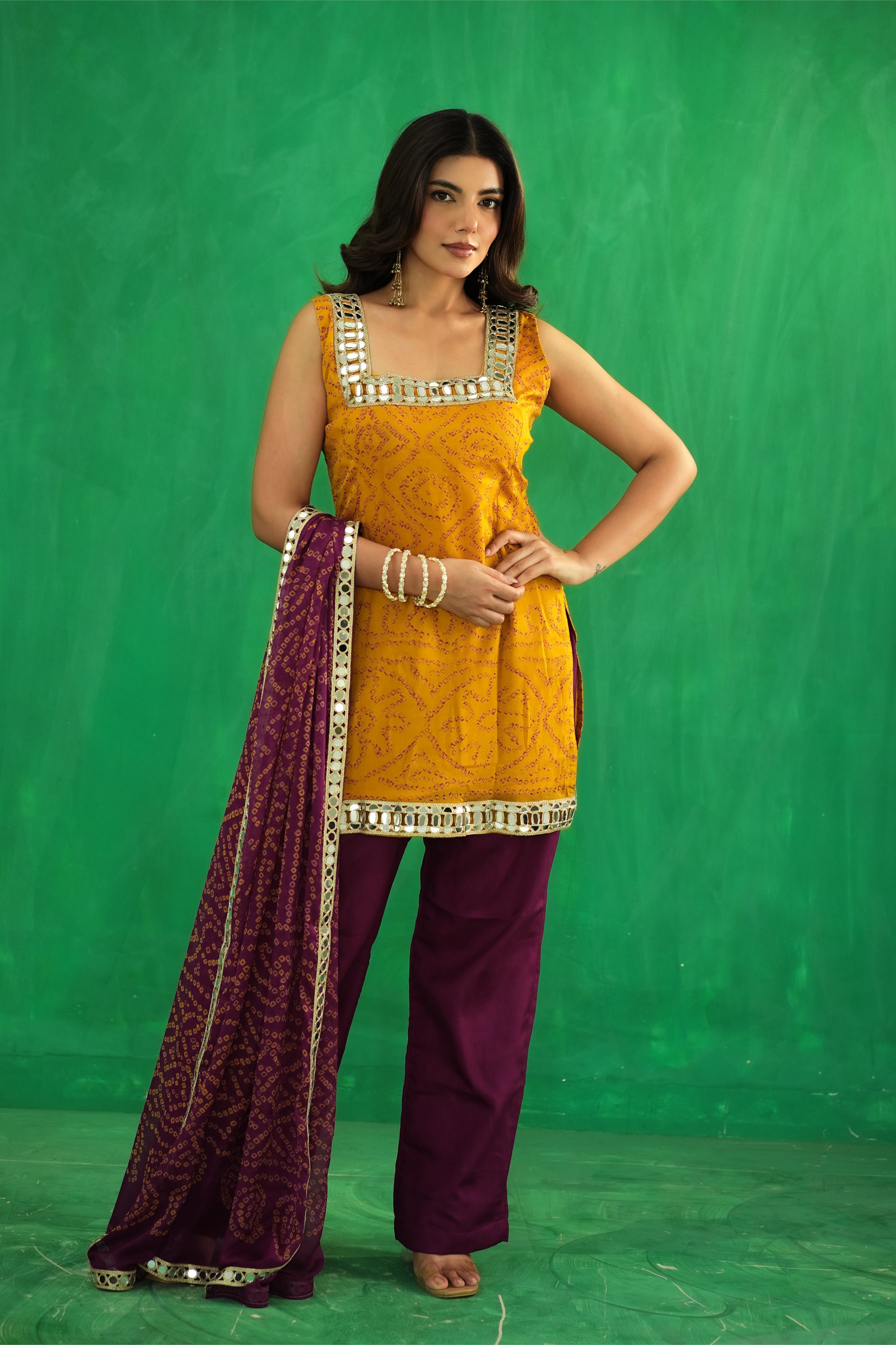 The Mustard Bandhani Set – Plum Edition