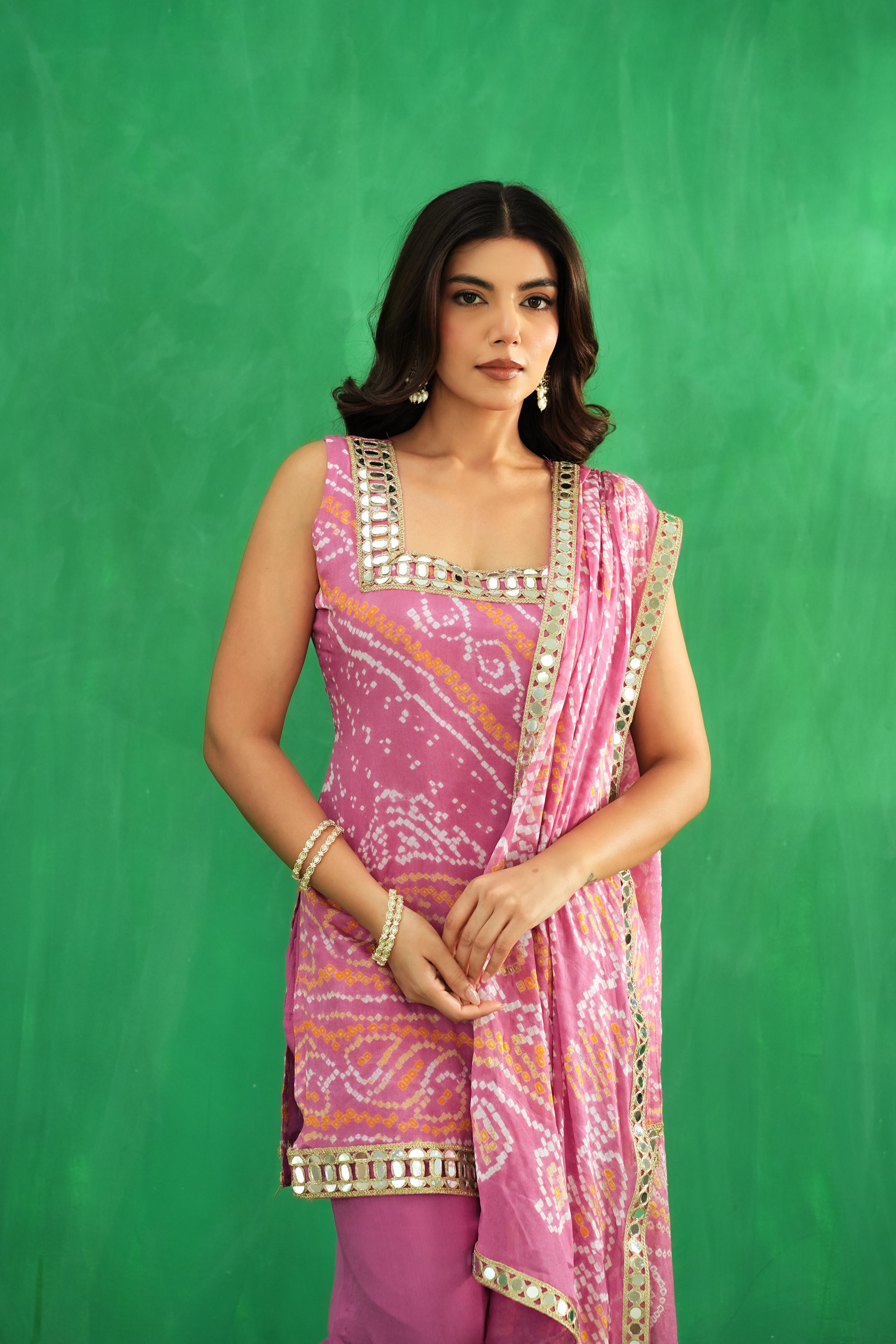 Magenta Bandhani Set in Pure Crepe Silk