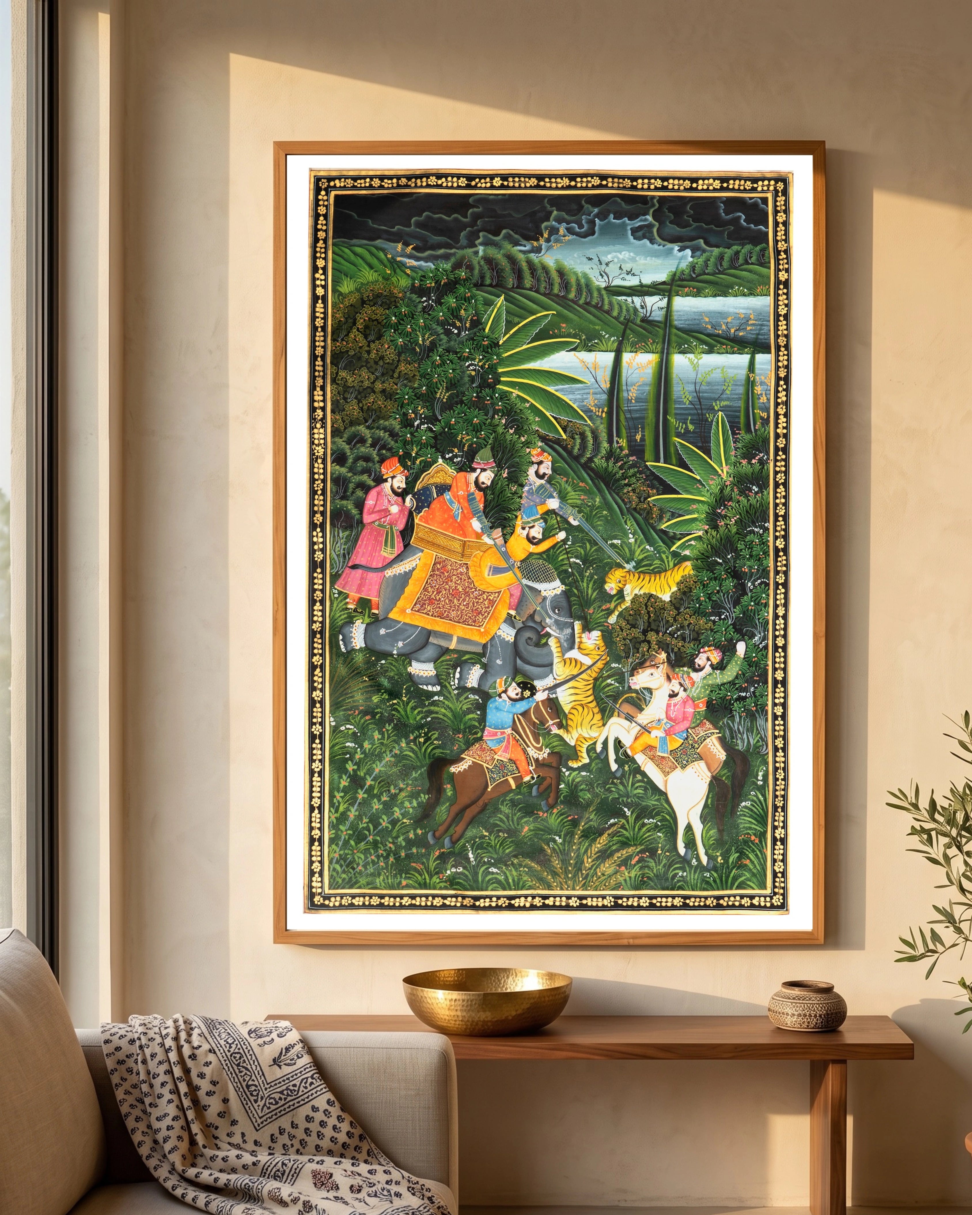 Royal Tiger Hunt In Forest Miniature Cloth Painting 1