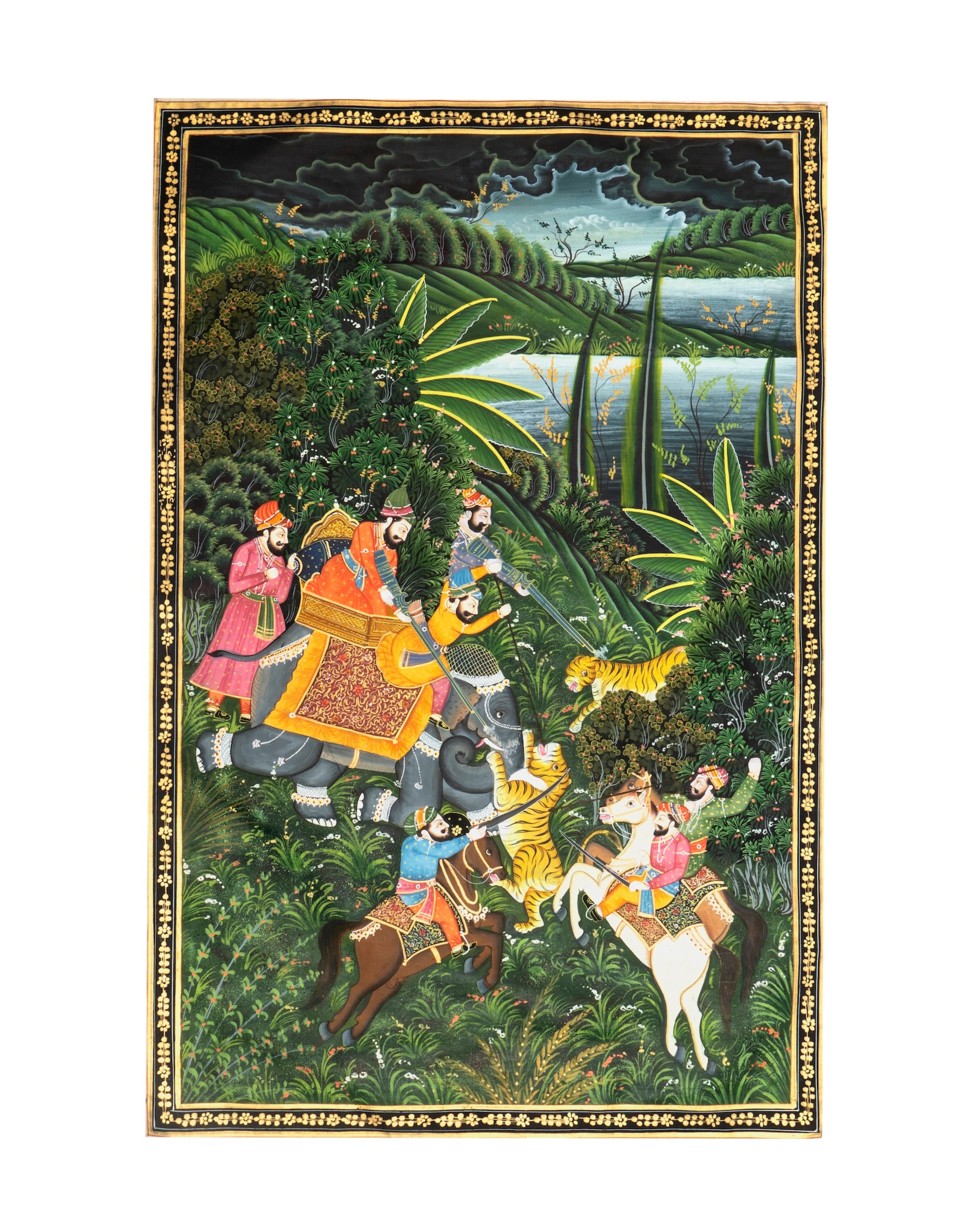 Royal Tiger Hunt In Forest Miniature Cloth Painting 1