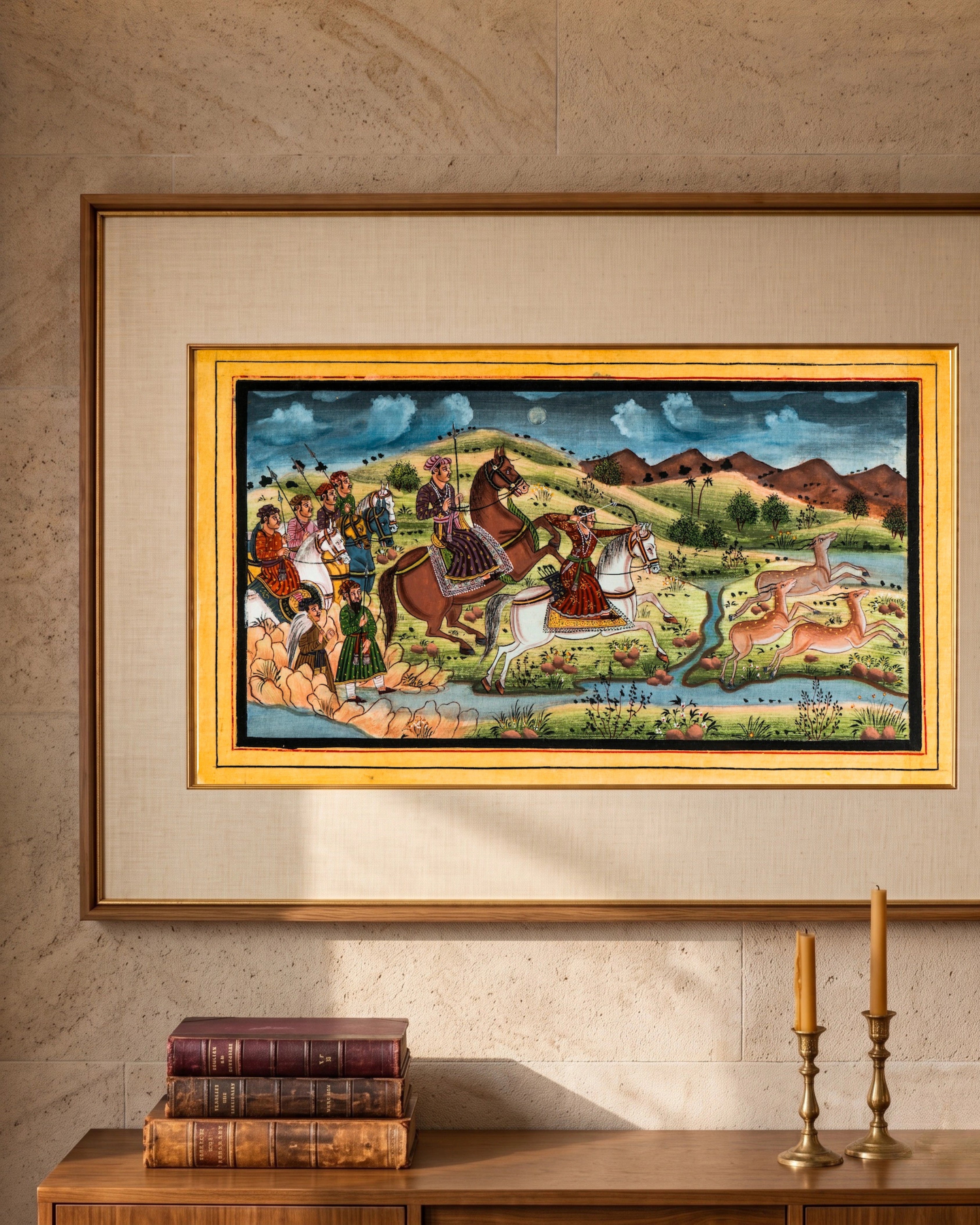 Royal Deer Hunt Traditional Indian Miniature Cloth Painting