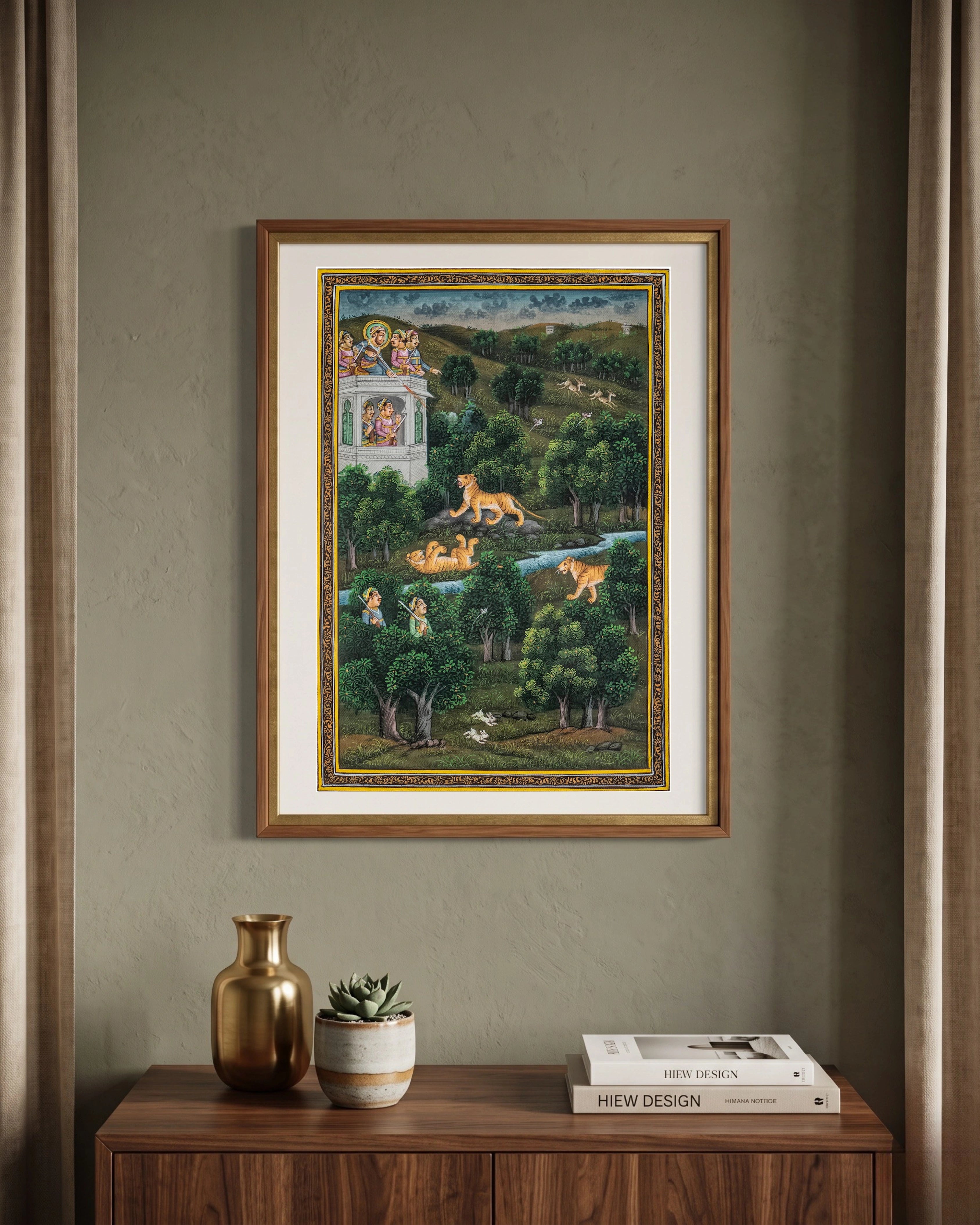 Royal Tiger Hunt In Forest Miniature Cloth Painting