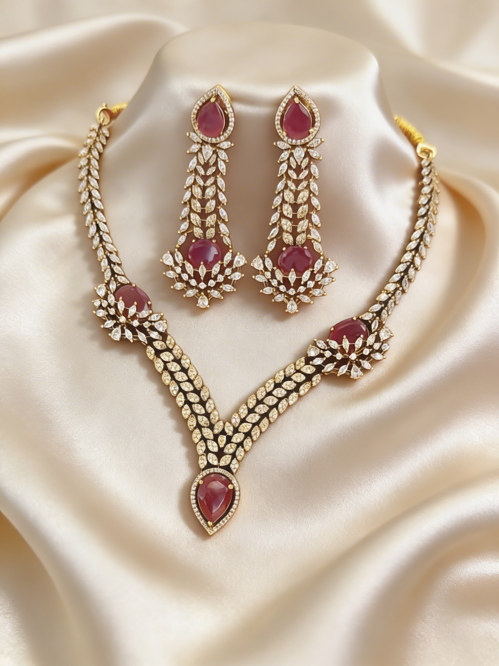 Deep Pink Stone Designer Necklace Set with Long Earrings