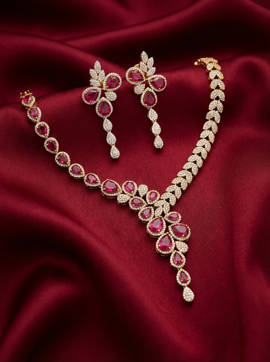 Red Teardrop Floral Necklace Set with Statement Earrings