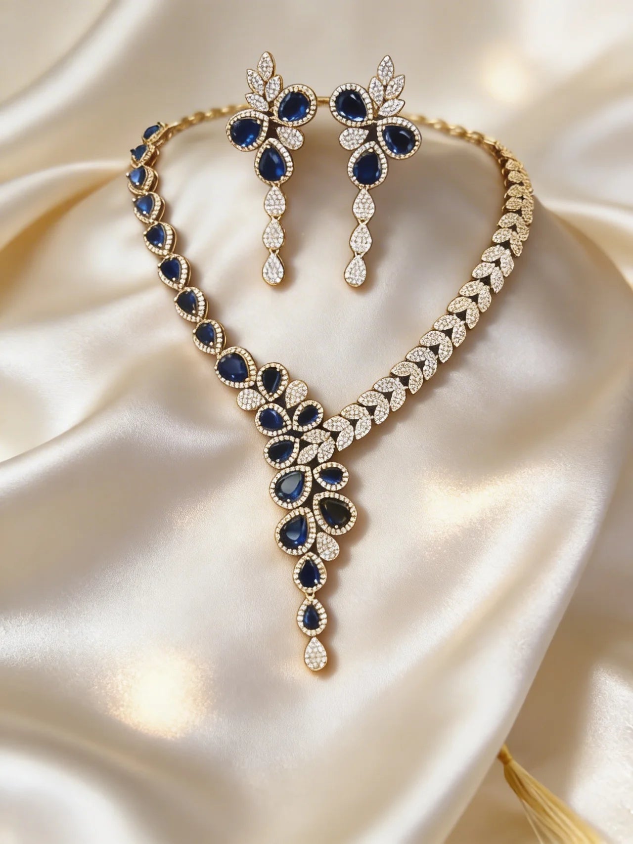 Navy Blue Teardrop Floral Necklace Set with Earrings