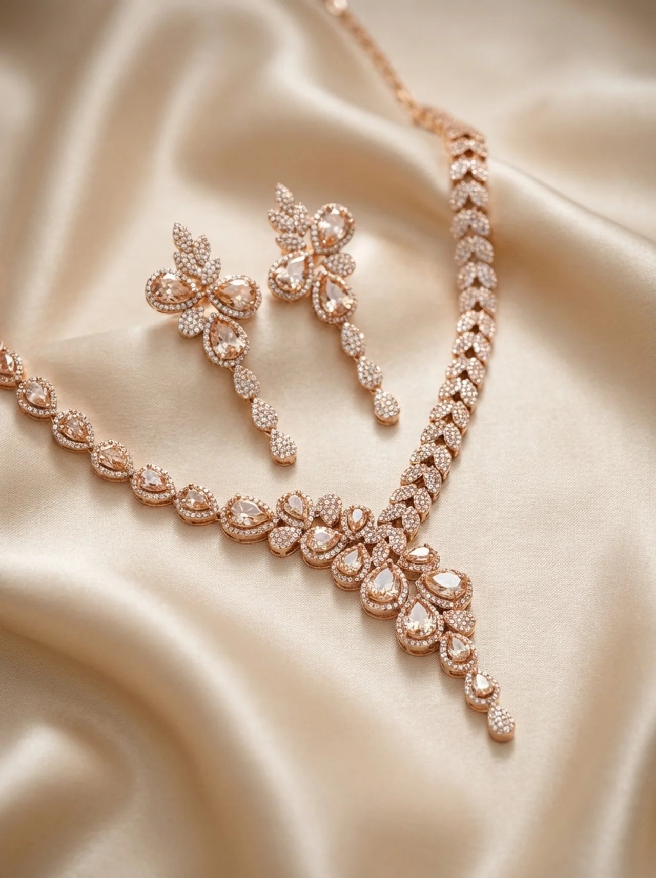 Rose Gold Teardrop Statement Necklace Set with Earrings