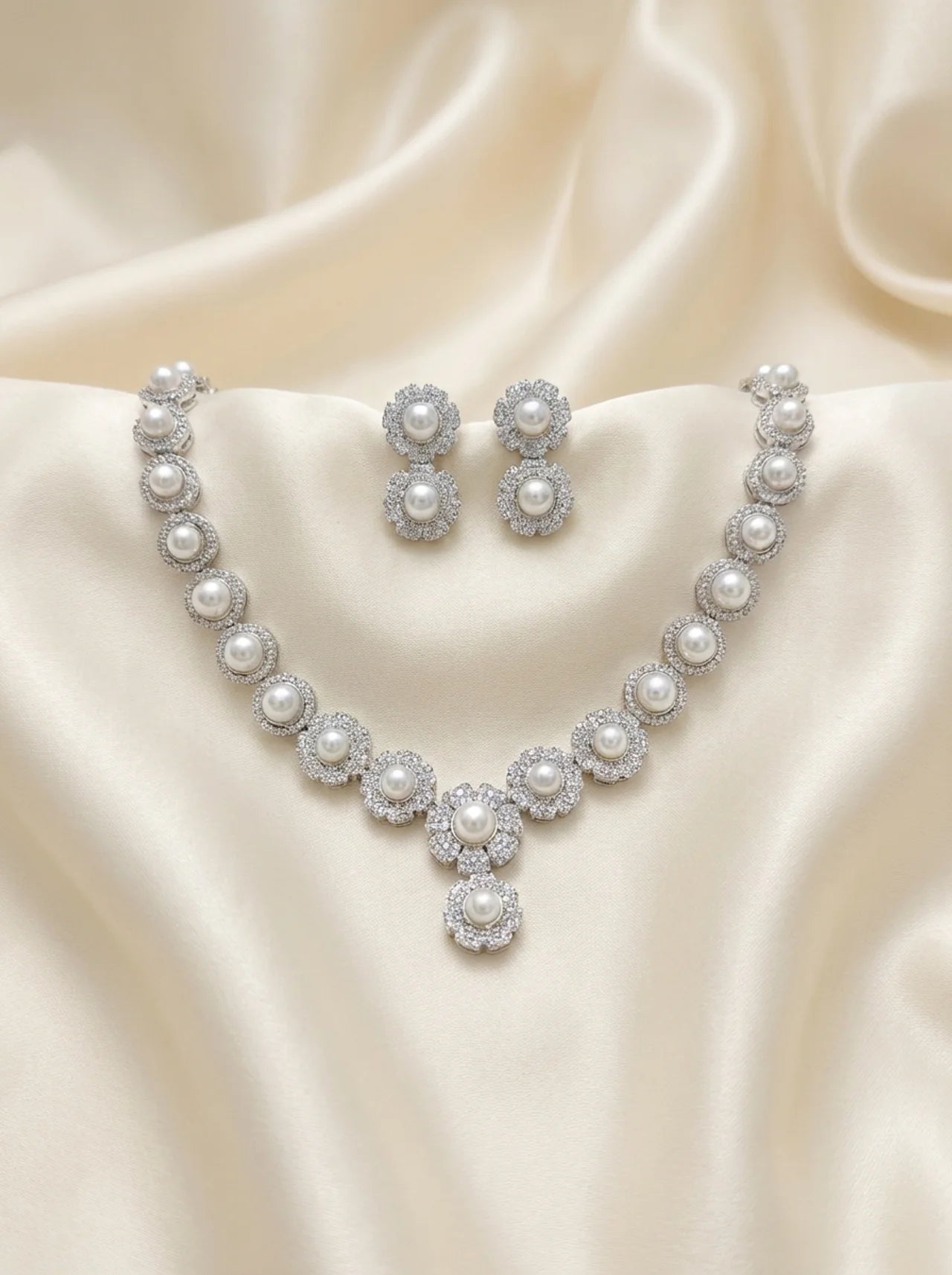 Pearl Floral Necklace Set with Stud Earrings