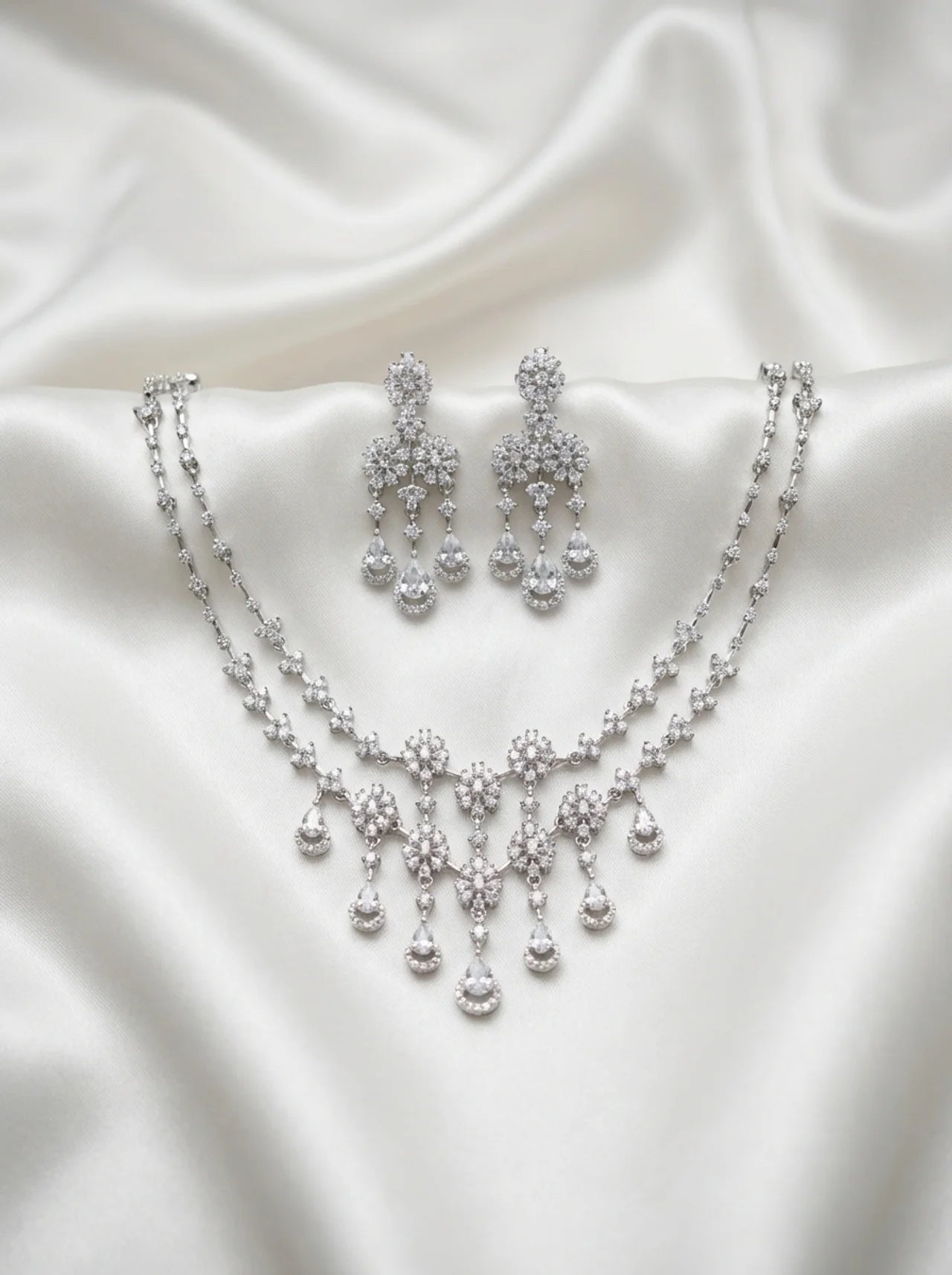 Crystal Drop Layered Necklace Set with Statement Earrings