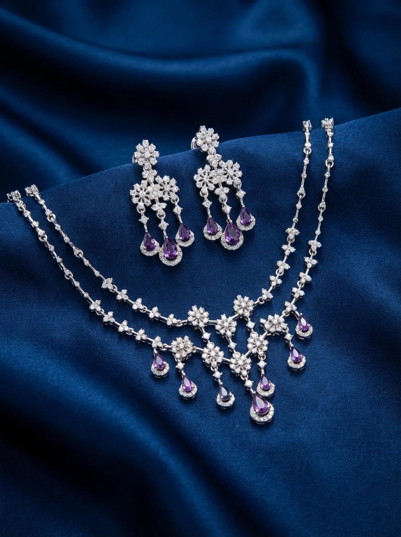 Purple Teardrop Crystal Layered Necklace Set with Earrings