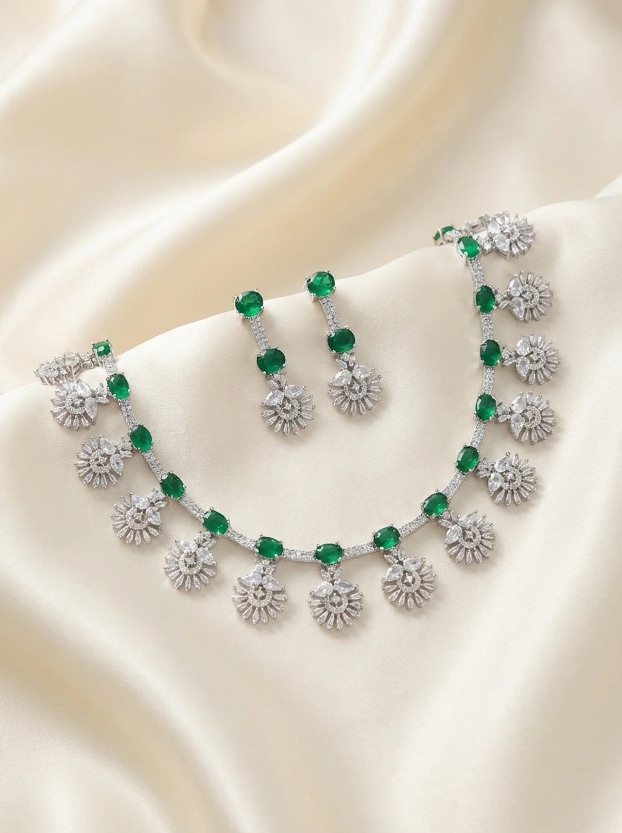 Green Floral Drop Necklace Set with Earrings
