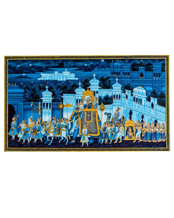 Blue Royal Elephant Procession Miniature Cloth Painting