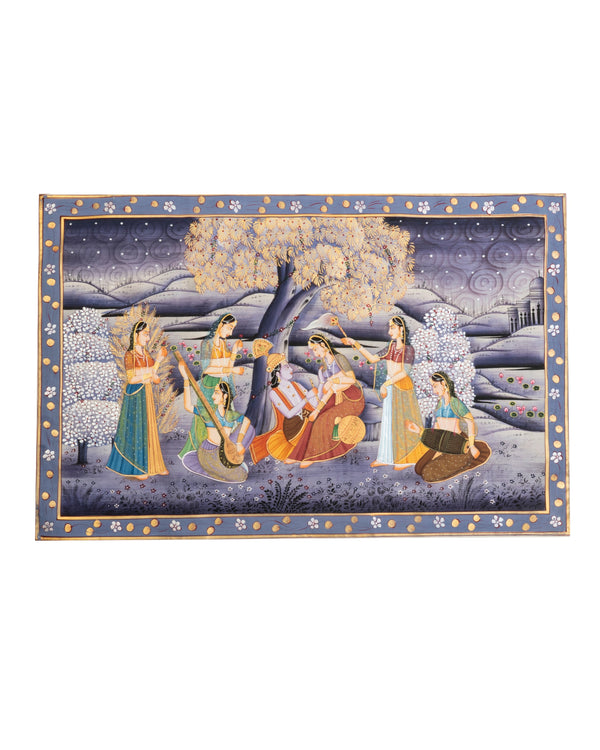Radha Krishna Moonlight Garden Celebration Miniature Cloth Painting