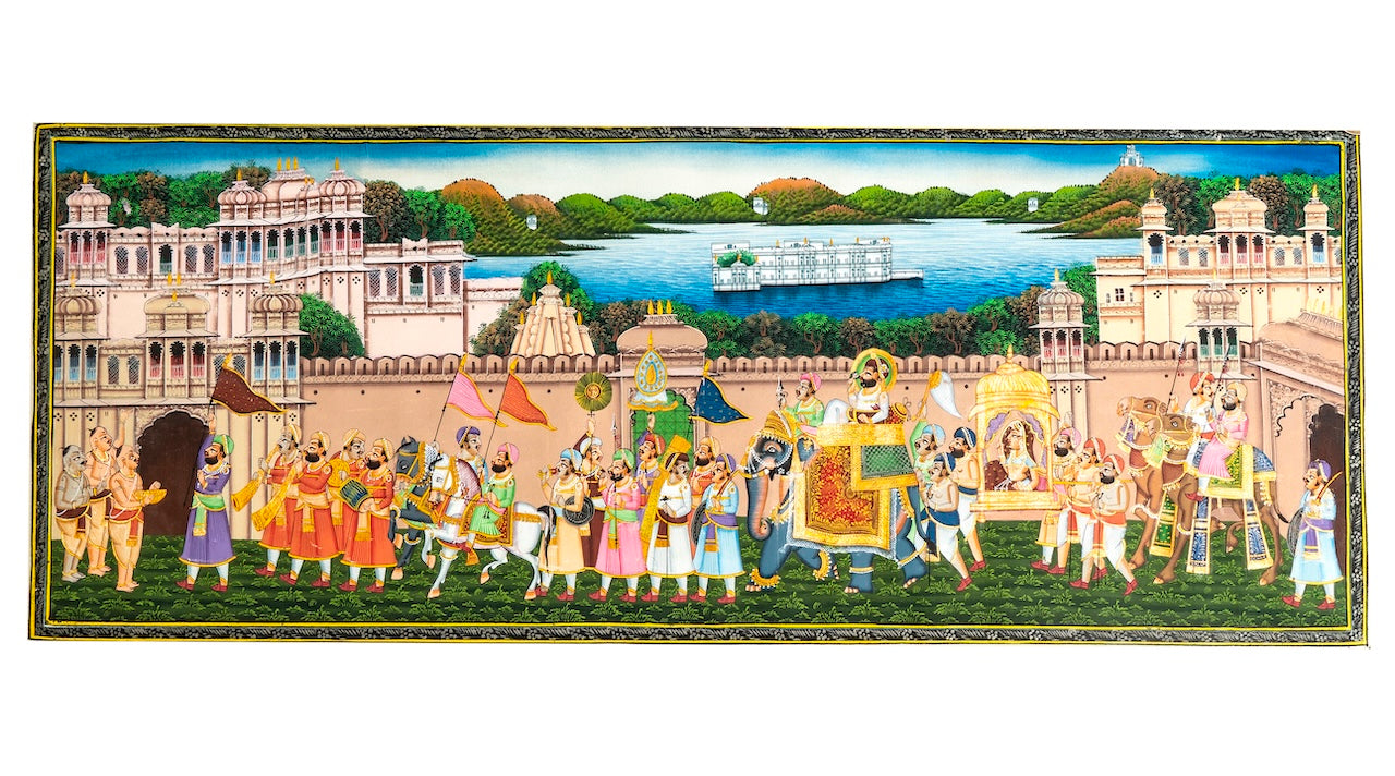 Royal Palace Procession By The Lake Miniature Cloth Painting