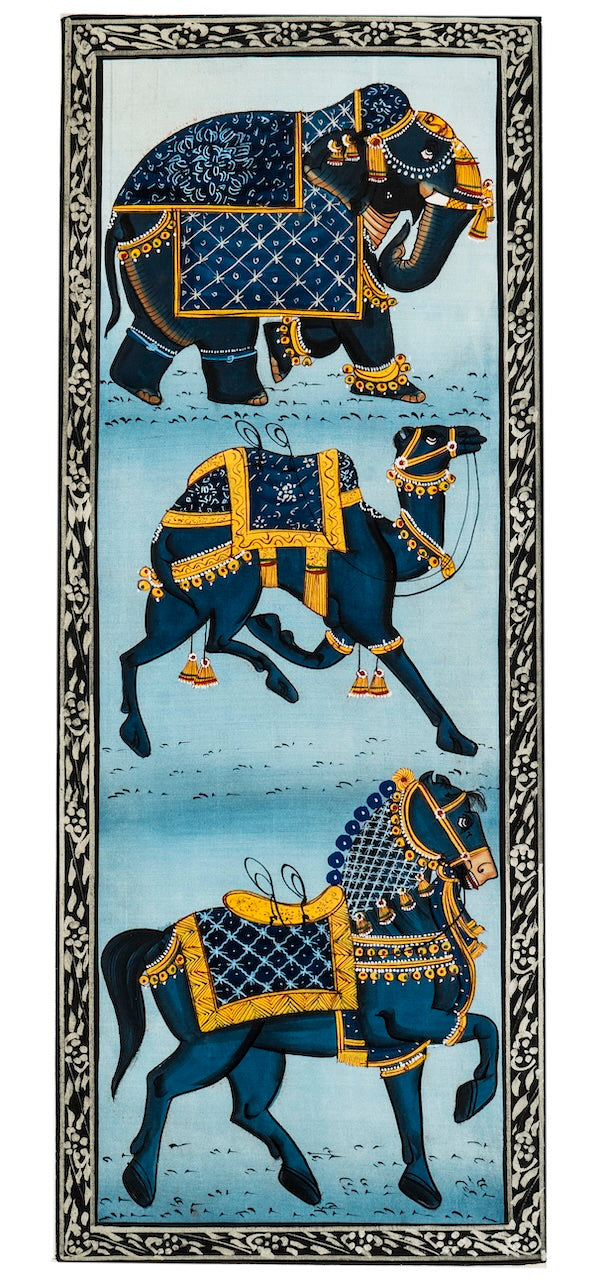 Royal Animal Trio in Blue-Gold – Miniature Cloth Paintin