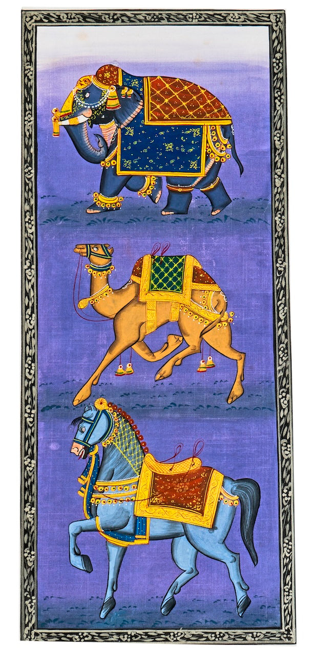 Royal Animal Trio on Purple – Miniature Cloth Painting
