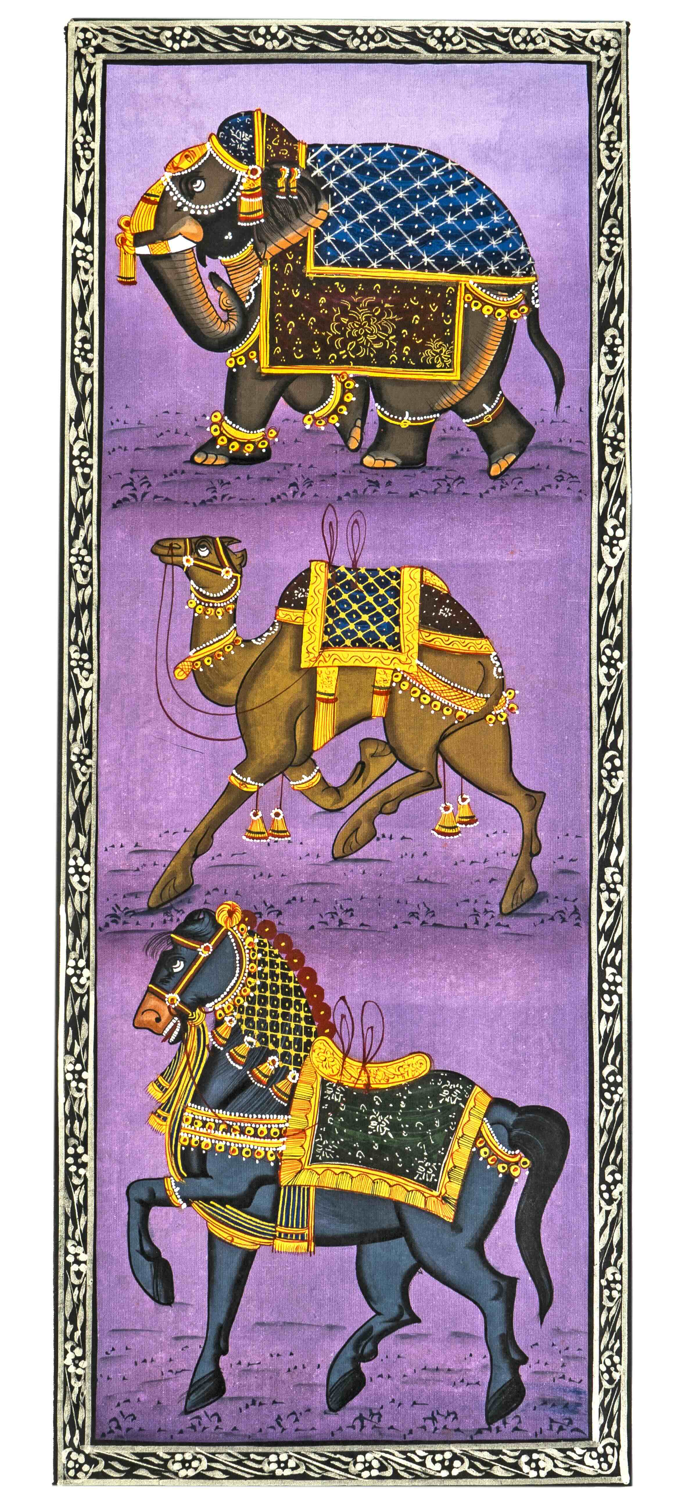 Royal Animal Trio in Purple-Navy – Miniature Cloth Painting