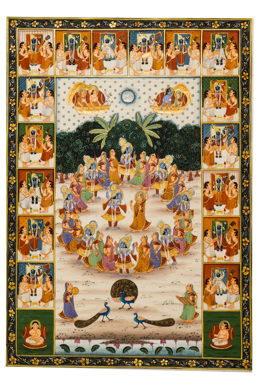Krishna Ras Leela with Devotional Border Panels – Miniature Cloth Painting
